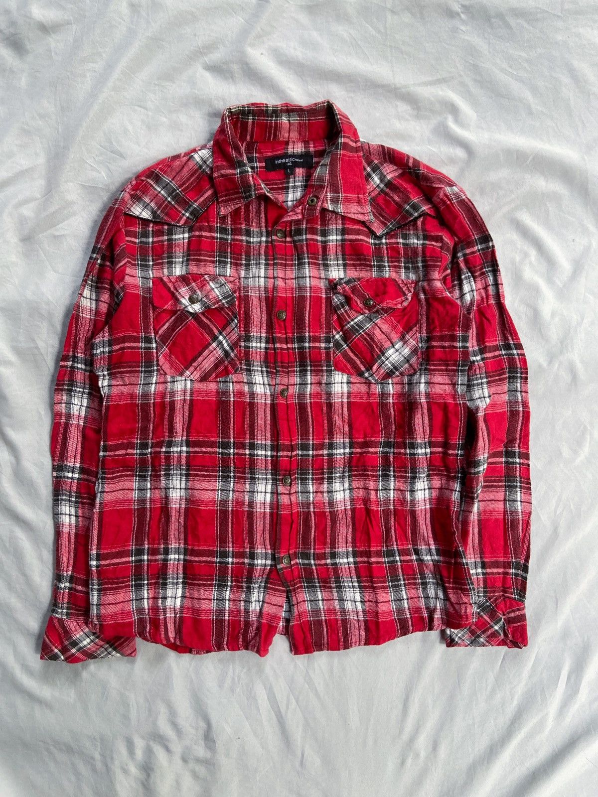Pre-owned If Six Was Nine X Le Grande Bleu L G B In The Attic Plaid Poem Button Down Shirt In Red