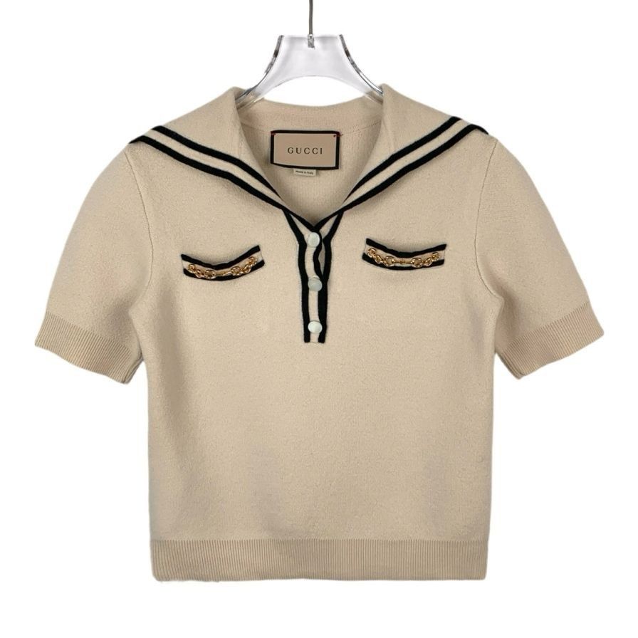 Gucci Gucci Beige Wool Sweater Navy Collar Horsebit Detail XS Made Size XS / US 0-2 / IT 36-38 - 1 Thumbnail