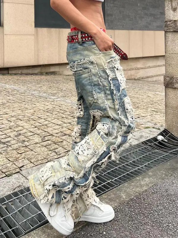 Jean Kimura x Fujii Floral Patchwork Distressed Baggy Denim Jeans Size US 30 / EU 46 - 2 Thumbnail
