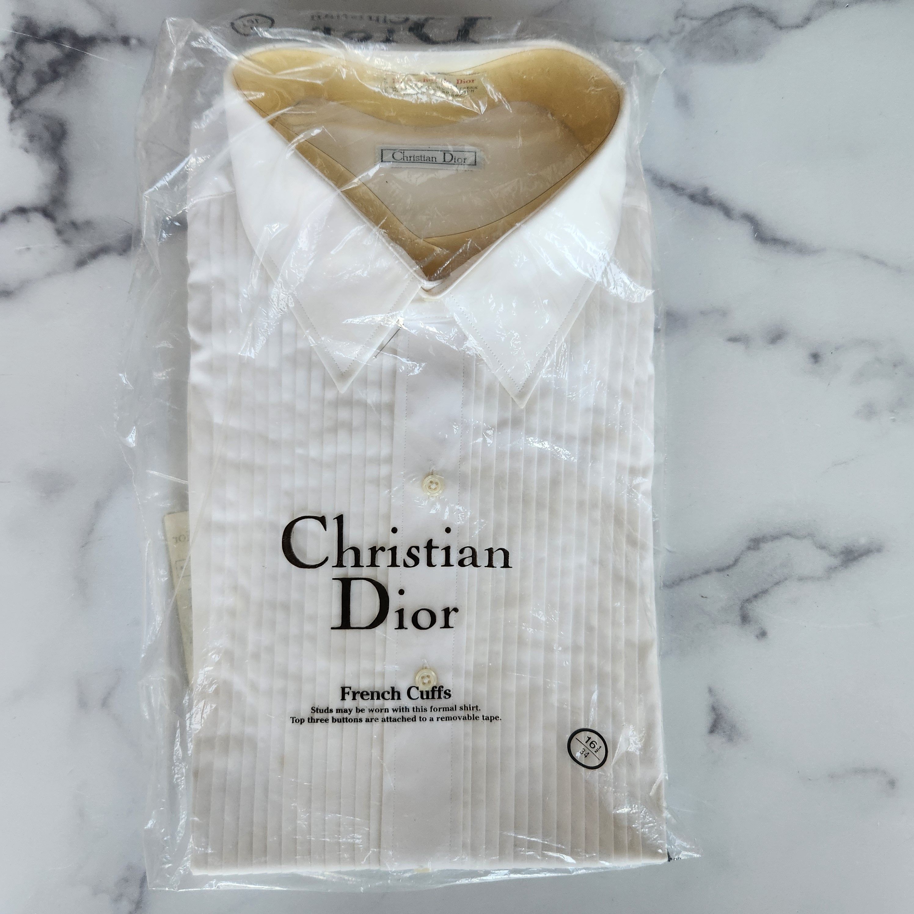 image of Christian Dior Monsieur Christian Dior Men's 16.5 Pleated Dress Shirt New Vintage in Cream (Size Sm