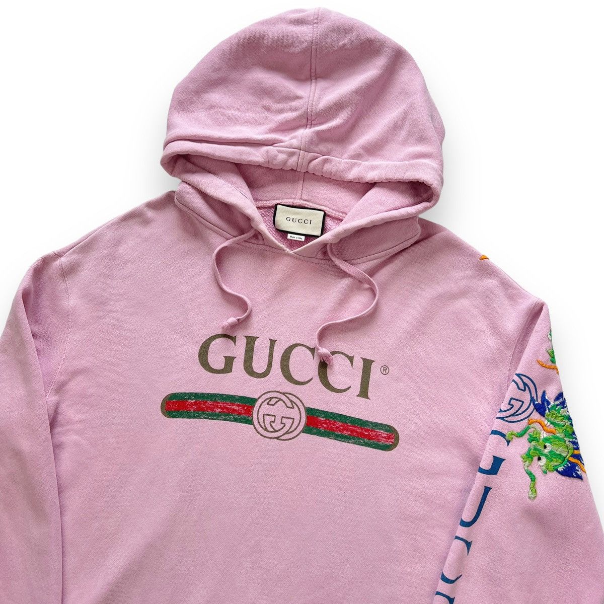 image of Gucci Dragon Embroidered Pink Hoodie, Men's (Size XL)