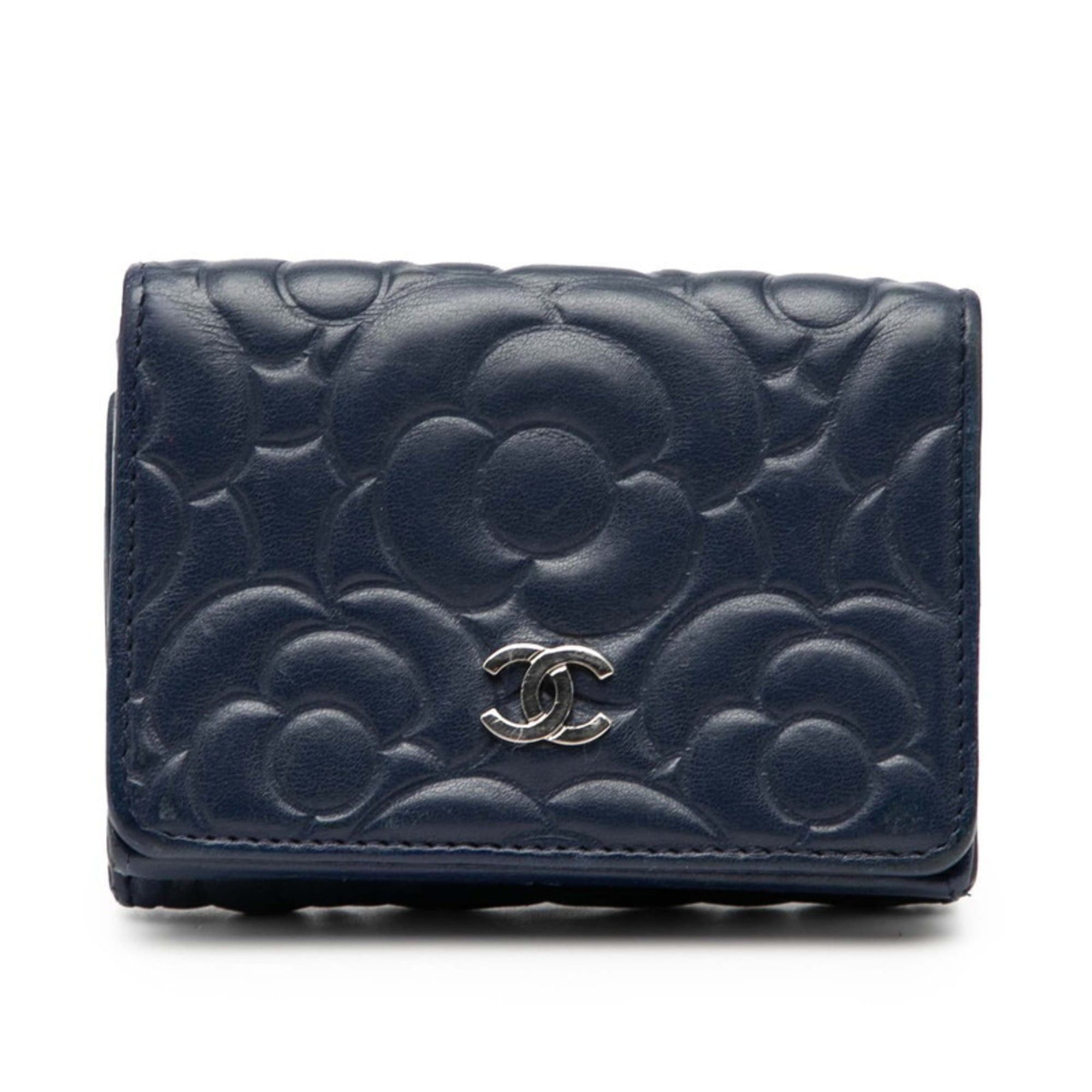 Chanel CHANEL Camellia Coco Mark Tri-fold Wallet Navy Leather Women's Size ONE SIZE - 1 Thumbnail