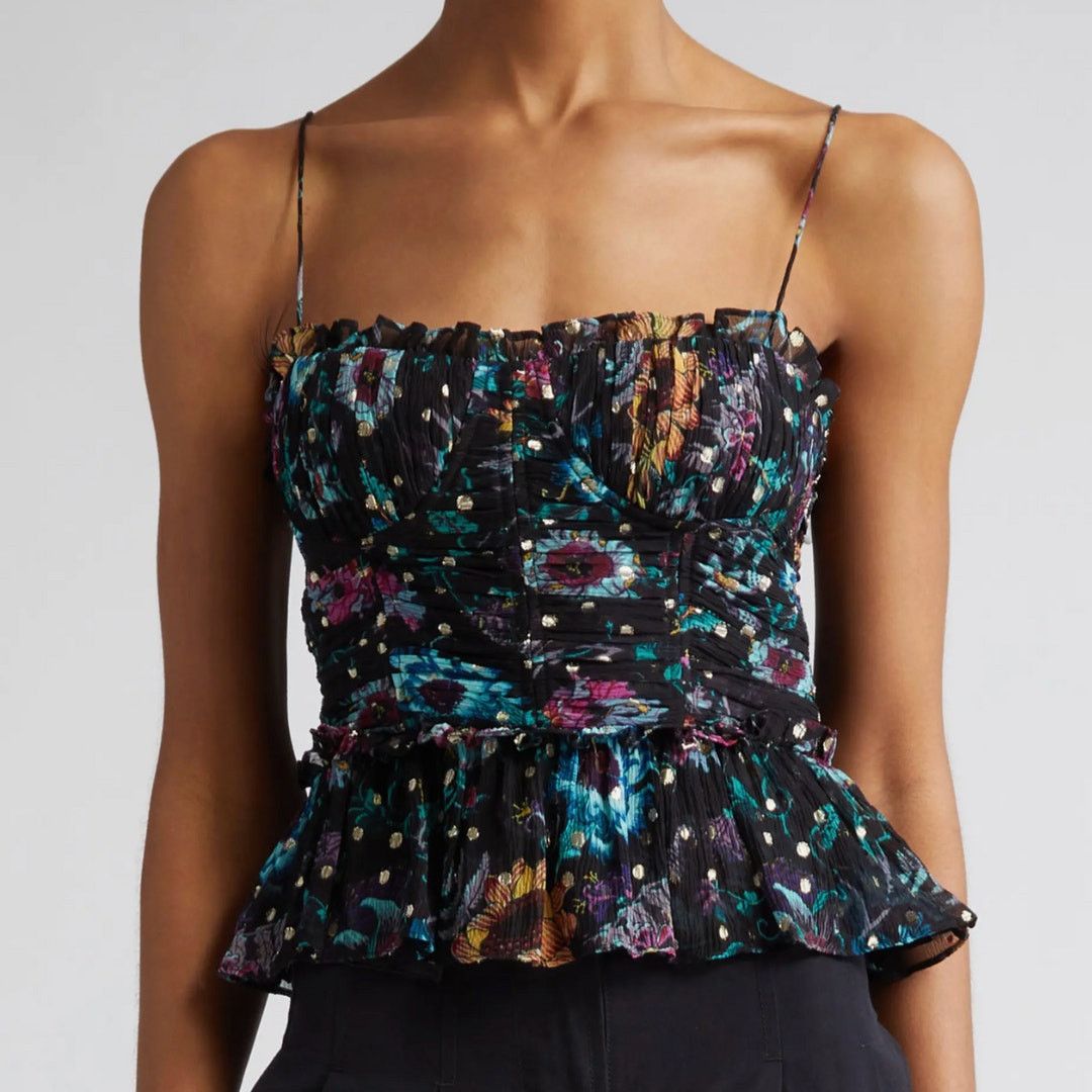 Ulla Johnson Ulla Johnson Amabel Silk Floral Ruched Crop Top Black Size 0 Size S / US 4 / IT 40 - 5 Thumbnail