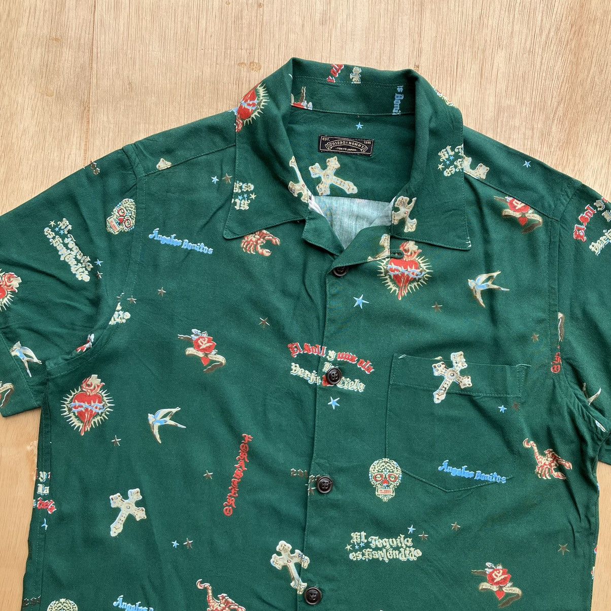 Japanese Brand 291295 HOMME DAY OF THE DEAD DARK GREEN OPEN COLLAR SHIRT Size US M / EU 48-50 / 2 - 2 Thumbnail