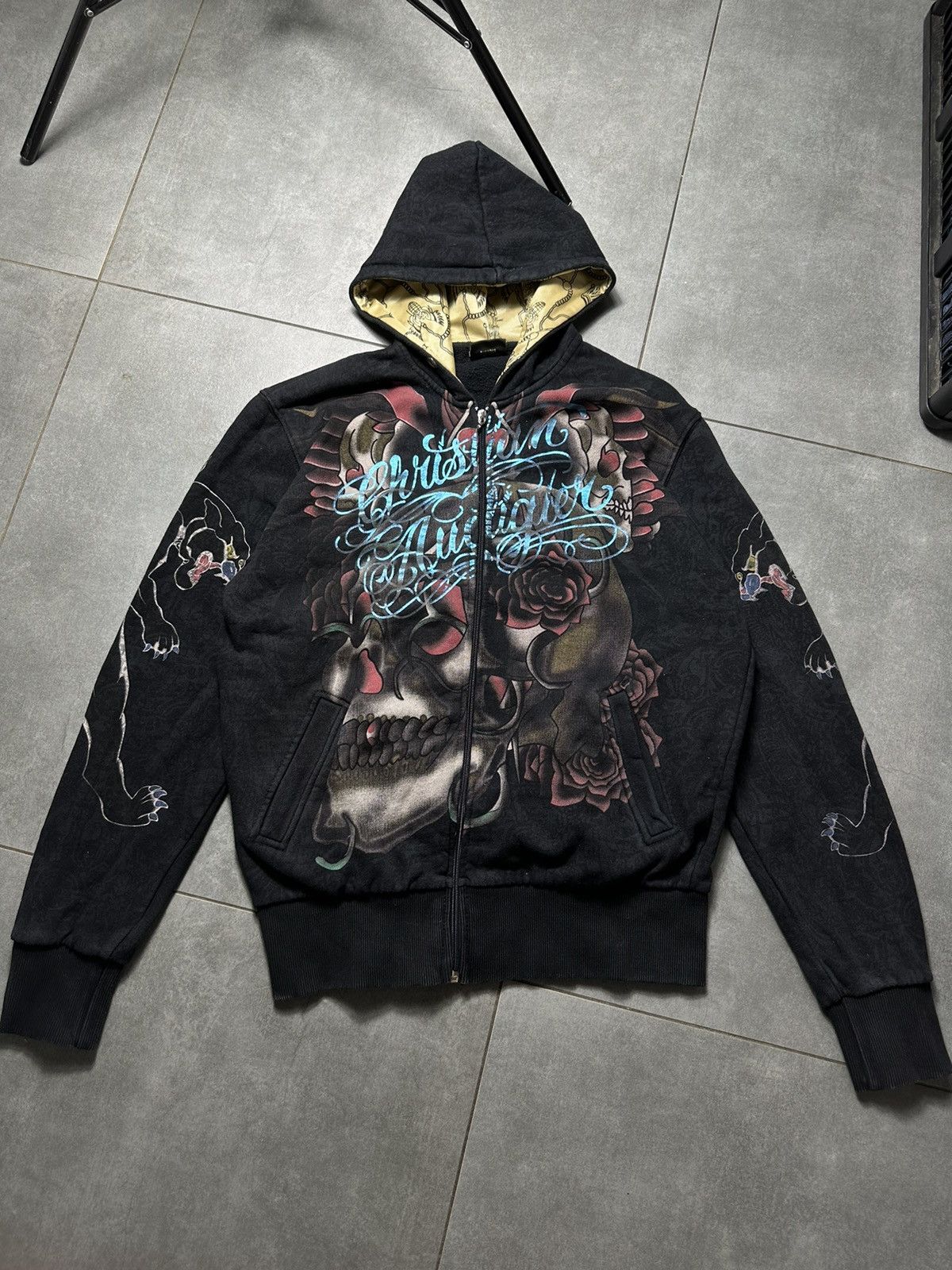 image of Christian Audigier Y2K Crazy Aop Scull Swag Zip Hoodie in Black, Men's (Size Large)