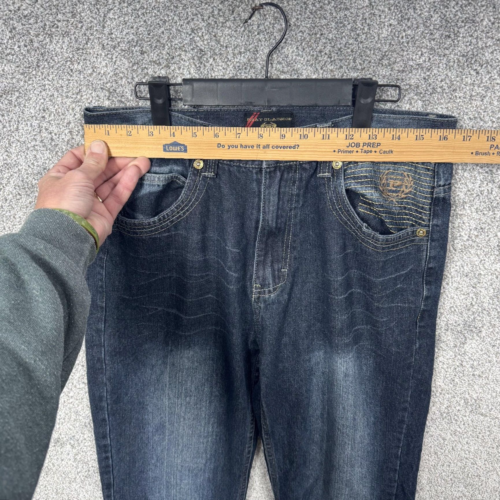 Phat Farm Phat Farm Jeans Mens 34 Relaxed Fit Straight Leg Denim Blue 82% Cotton 18% Polyester Zip Fly Pockets Distressed PF Crest Jeans Mens Size US 34 / EU 50 - 2 Thumbnail