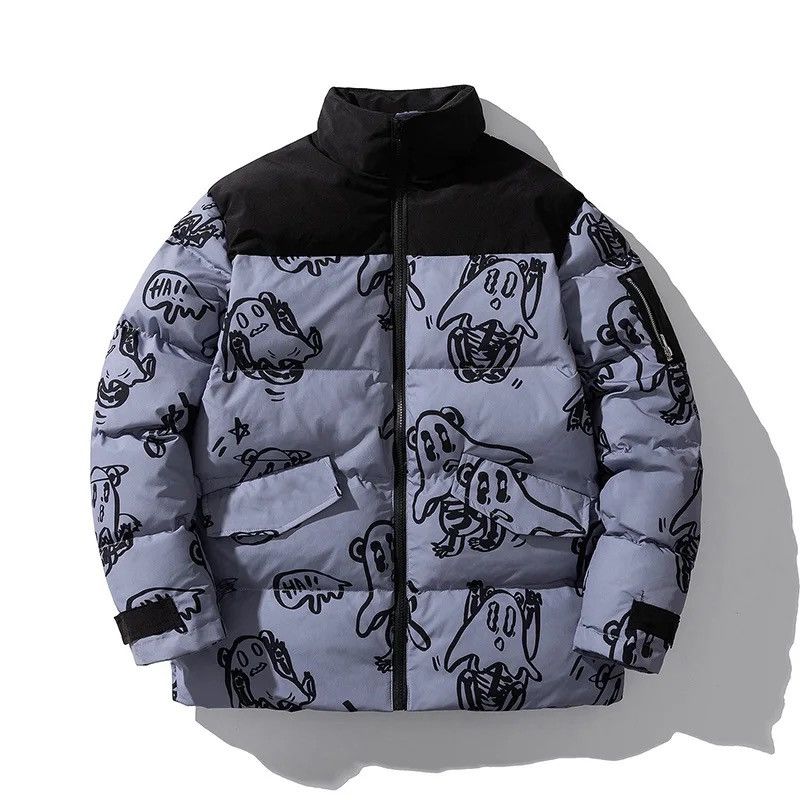 image of Vintage Puffer Jacket With Ghost Print in Blue Gray, Men's (Size Medium)