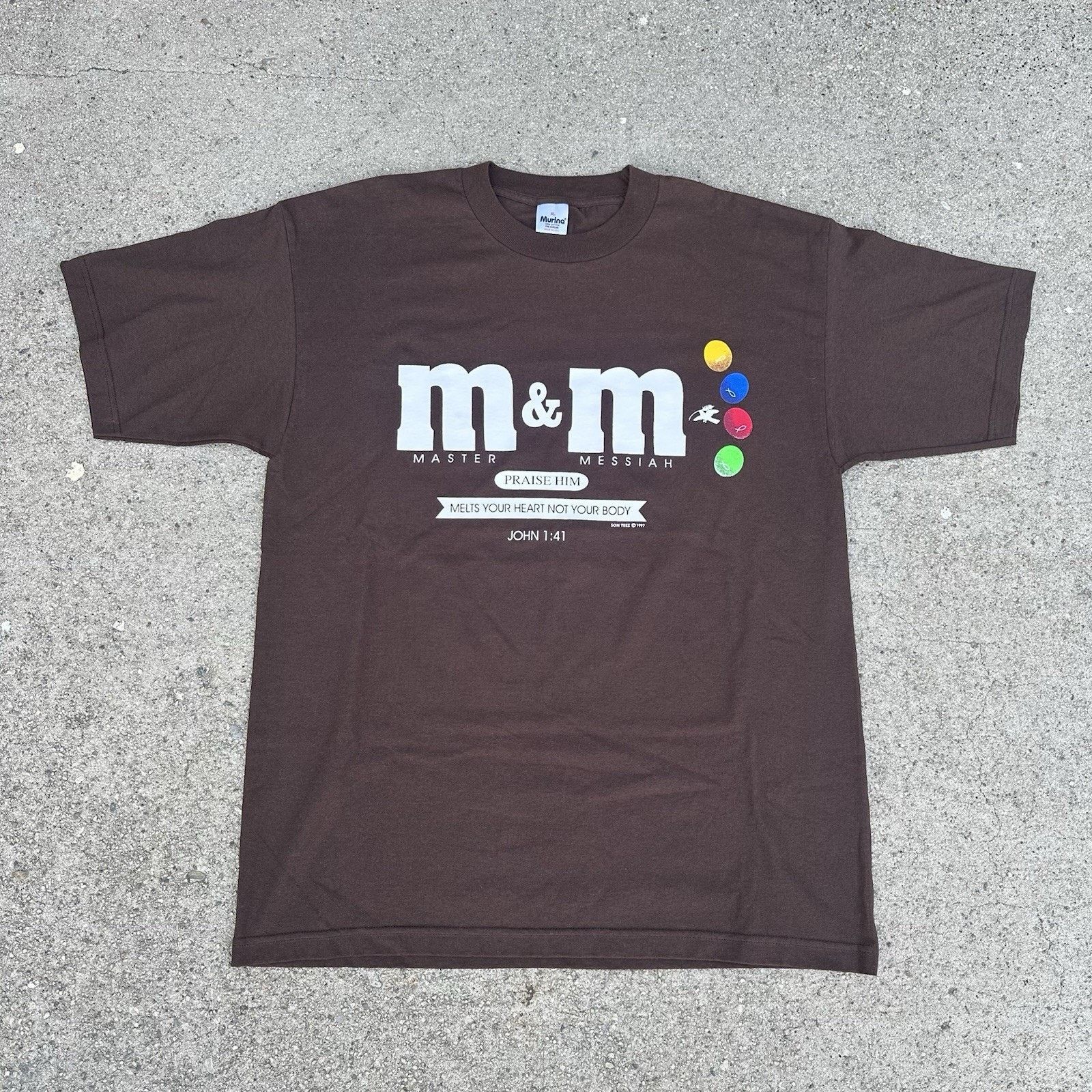 Vintage Vintage 90s 1997 M&M Chocolate Jesus Parody Tee Shirt Size US XL / EU 56 / 4 - 2 Thumbnail