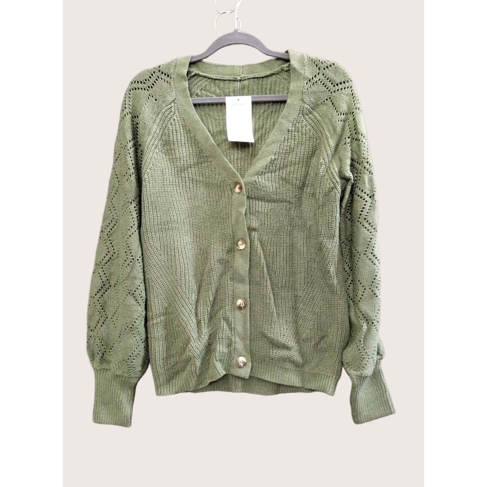 Olive Kyrundo Cardigan Women Olive Green V-Neck Long Sleeve Knit Lightweight Breathable Open-Knit M Sweater Size M / US 6-8 / IT 42-44 - 1 Thumbnail