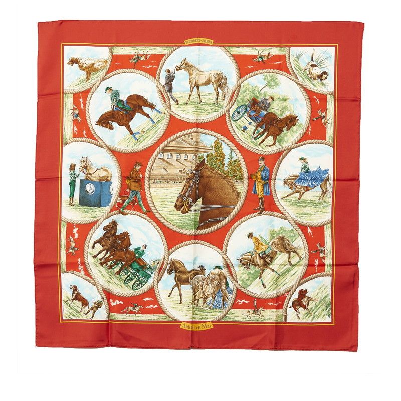 image of Hermes Carre 90 Auteuil En Mai Auteuil Silk Scarf in Red, Women's