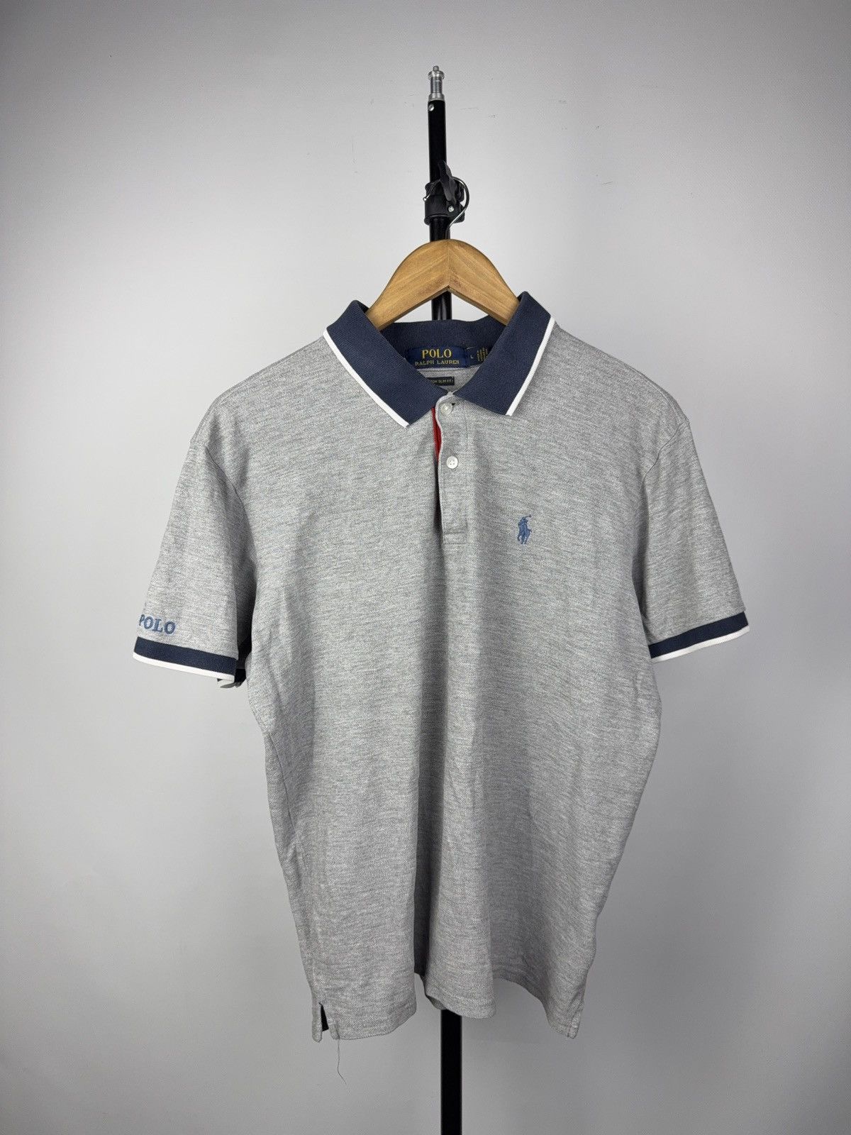 Polo Ralph Lauren Y2K 00s Ralph Lauren Custom Slim Fit Polo Grey Navy Trim L Size US L / EU 52-54 / 3 - 1 Thumbnail