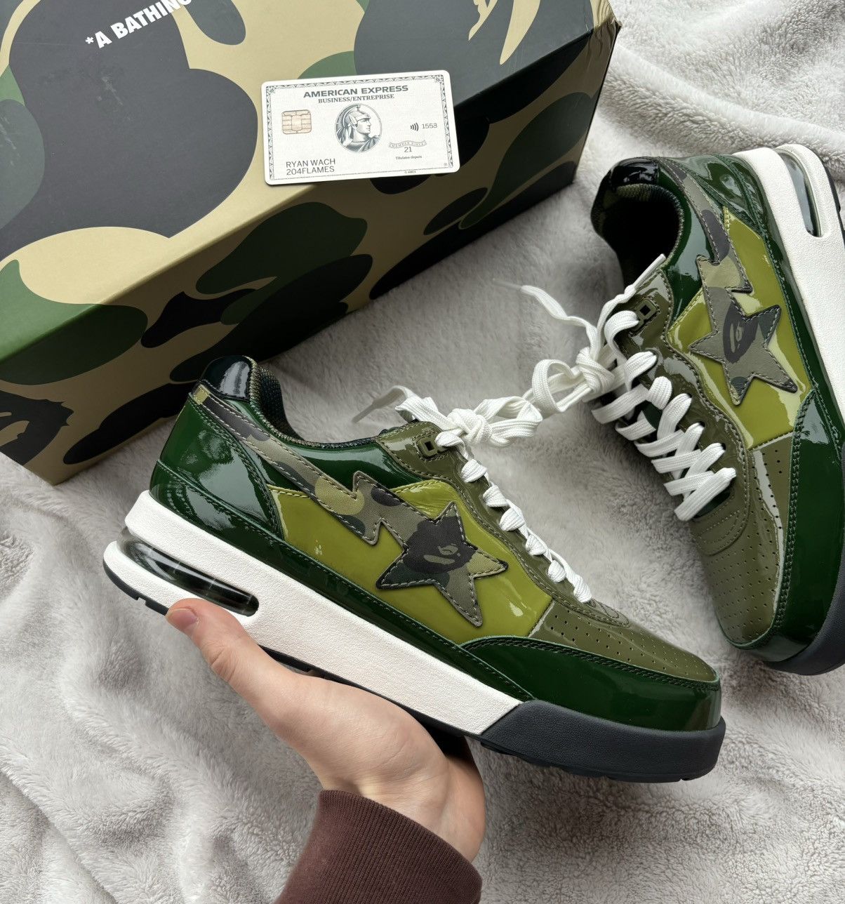 Bape Bape Road Sta Green/Camo Patent Leather Sneakers Size US 13 / EU 46 - 2 Thumbnail