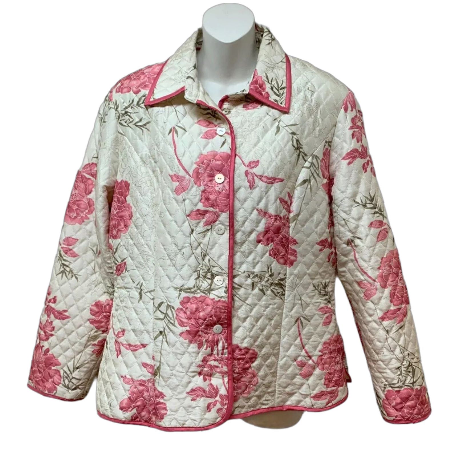 Vintage VINTAGE Carole Little Jacket Silk 100% Polyester L Pink 1980s Arts & Crafts Quilted Cottage Floral Everyday Mens Girls Womens Size L / US 10 / IT 46 - 1 Thumbnail
