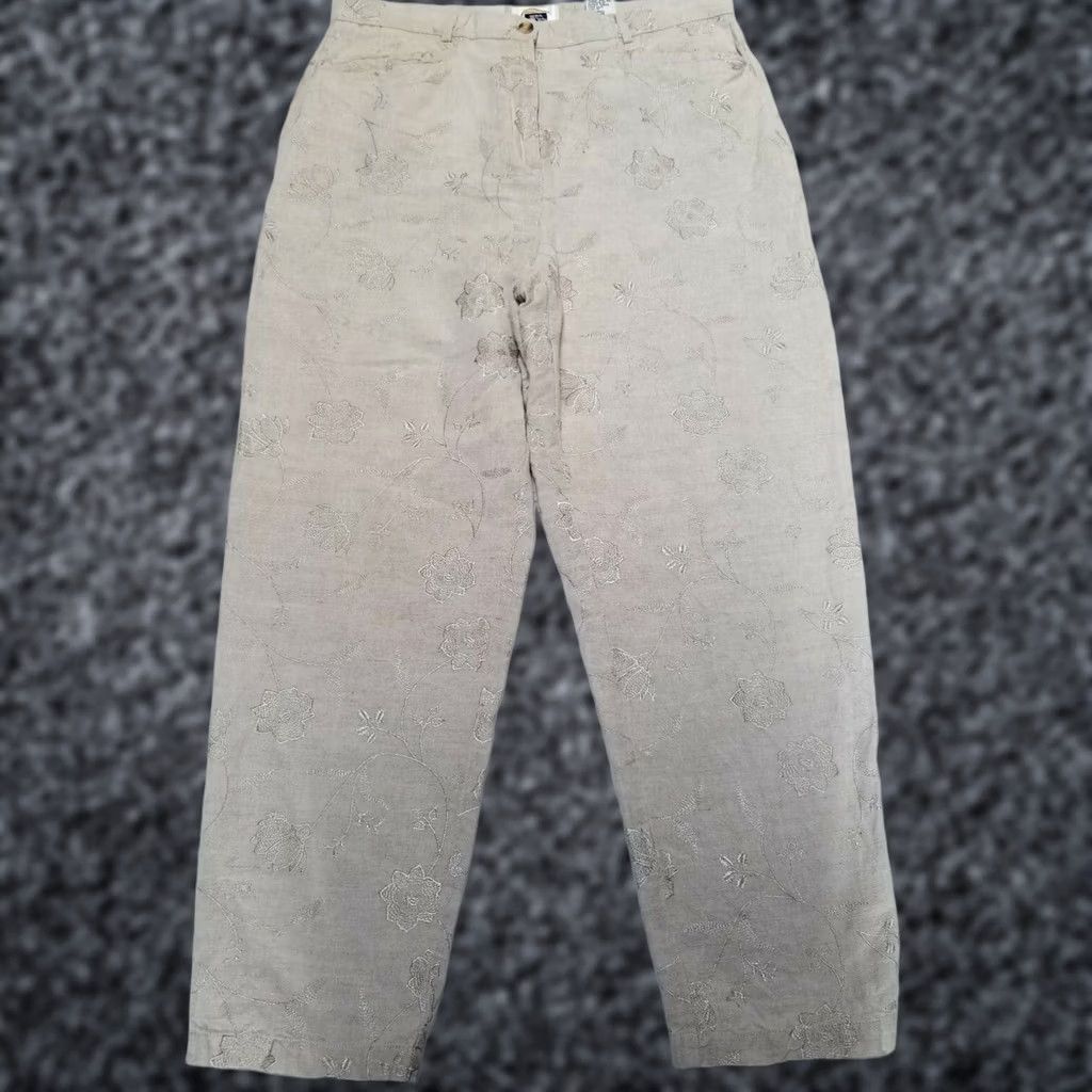Talbots Talbots Womens Irish Linen Blend High Rise Pants 14 Embroidered Straight Leg Beige Floral Pocketed Size 36" / US 14 / IT 50 - 1 Thumbnail