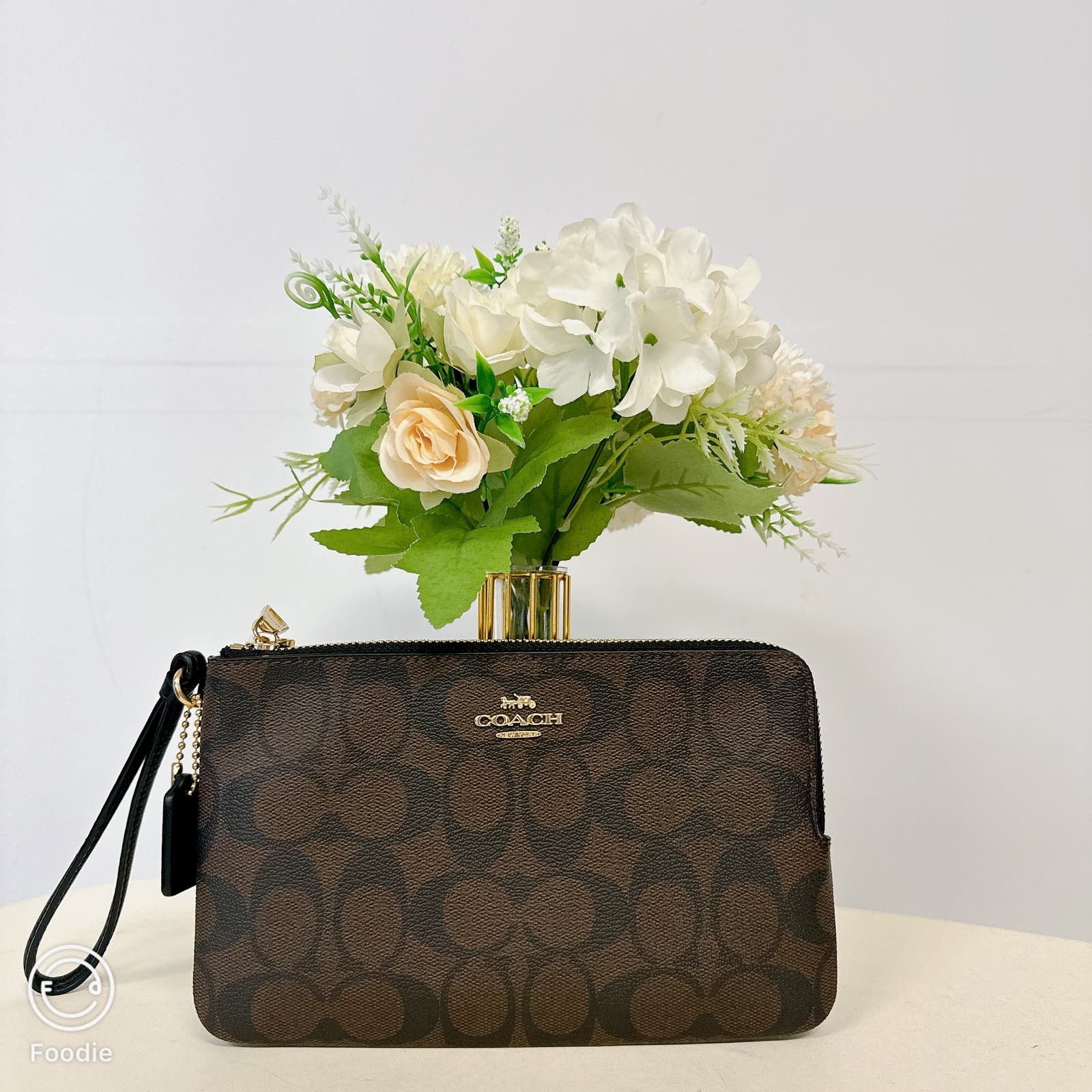 image of Coach F16109 Double Zip Wallet In Signature Wristlet Brown, Women's