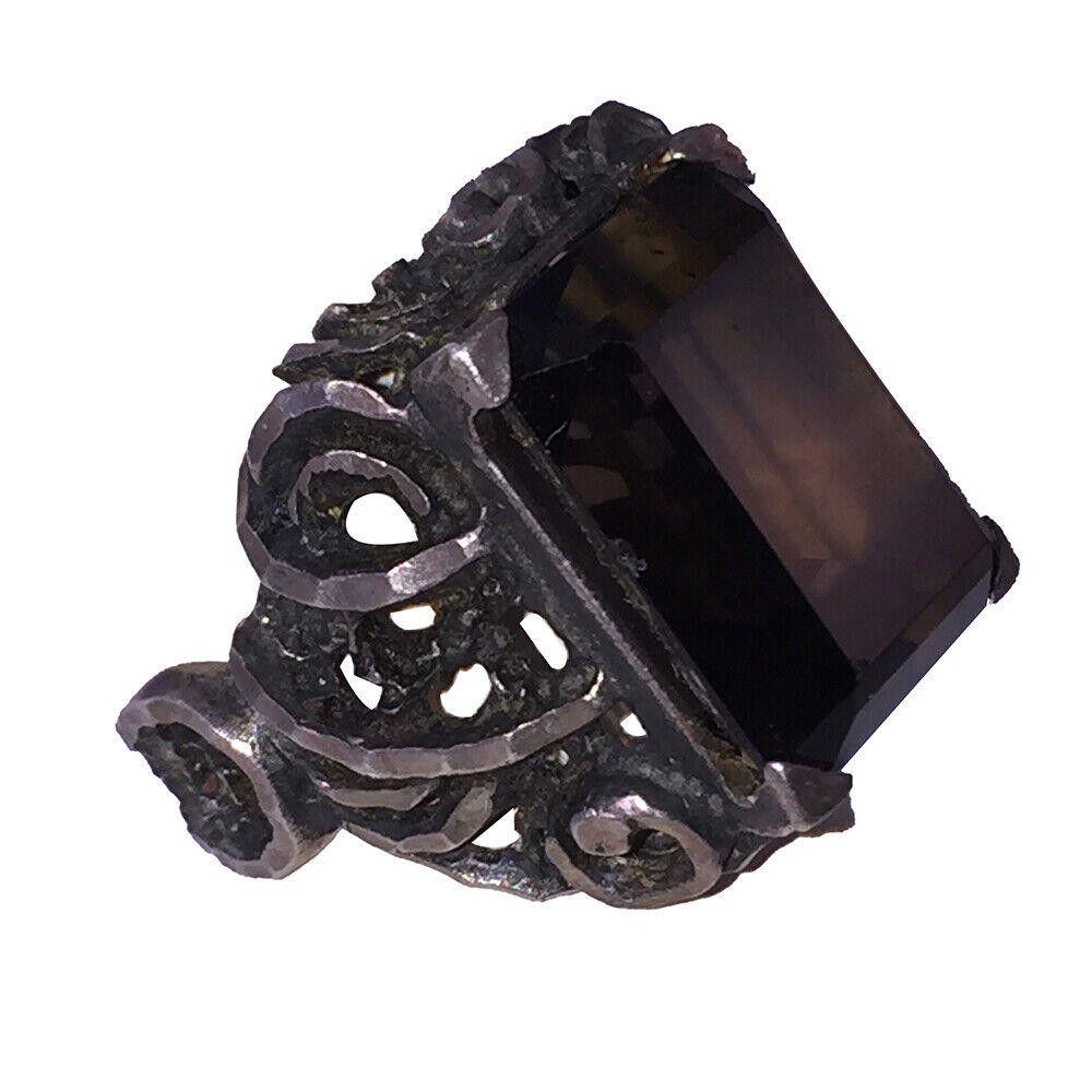 Designer Sterling Silver Emerald Cut Smoky Topaz Quartz Cocktail Ring Size ONE SIZE - 3 Thumbnail