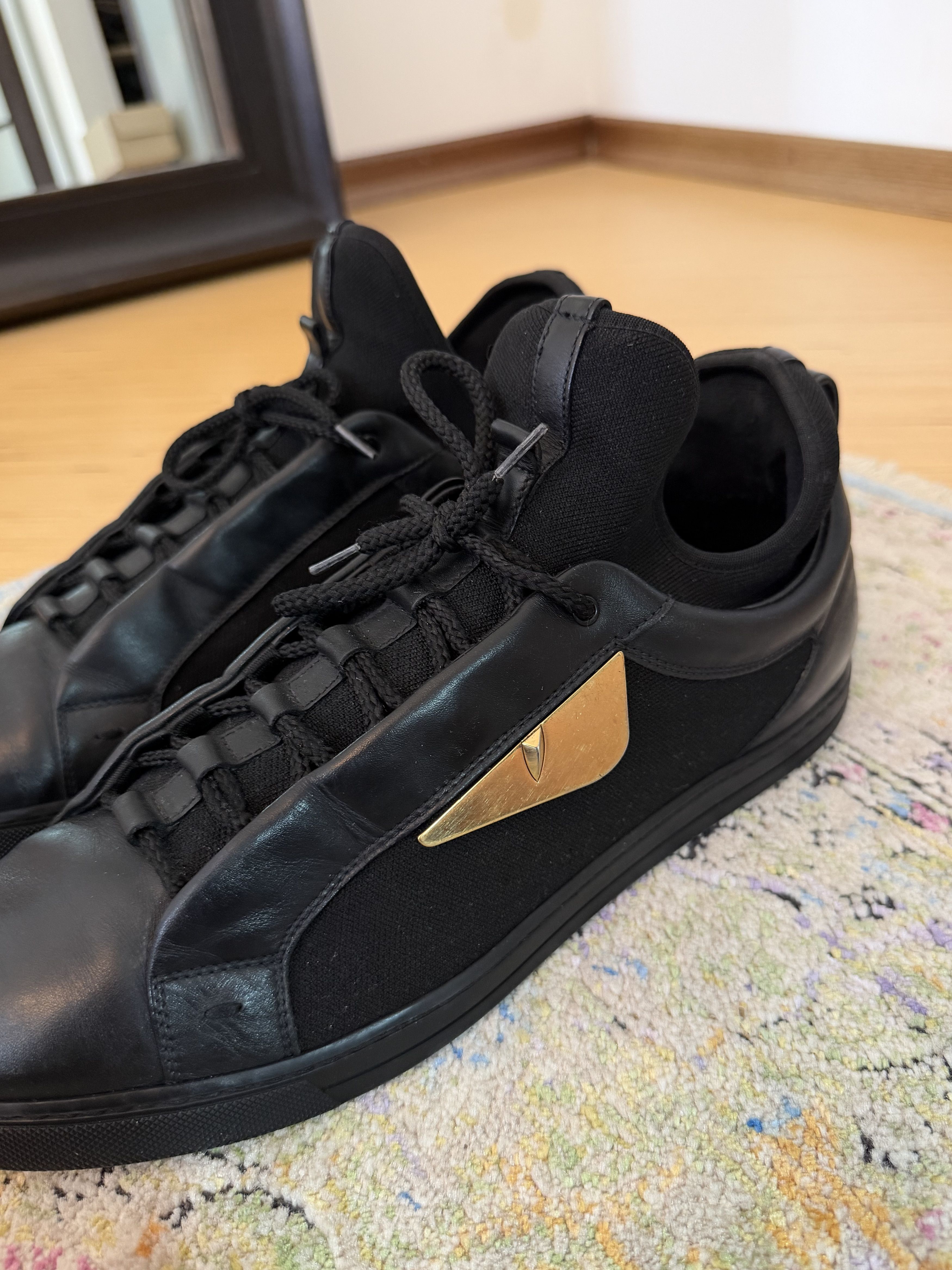 Fendi Fendi Black Leather and Fabric Monster Eye Mid Top Sneakers Size US 10 / EU 43 - 7 Thumbnail