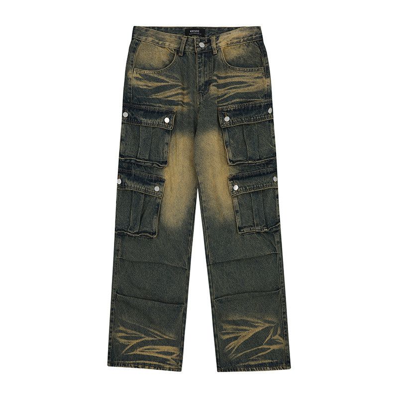 Vintage Retro washed men's loose distressed multi-pocket cargo jeans Size US 32 / EU 48 - 1 Thumbnail