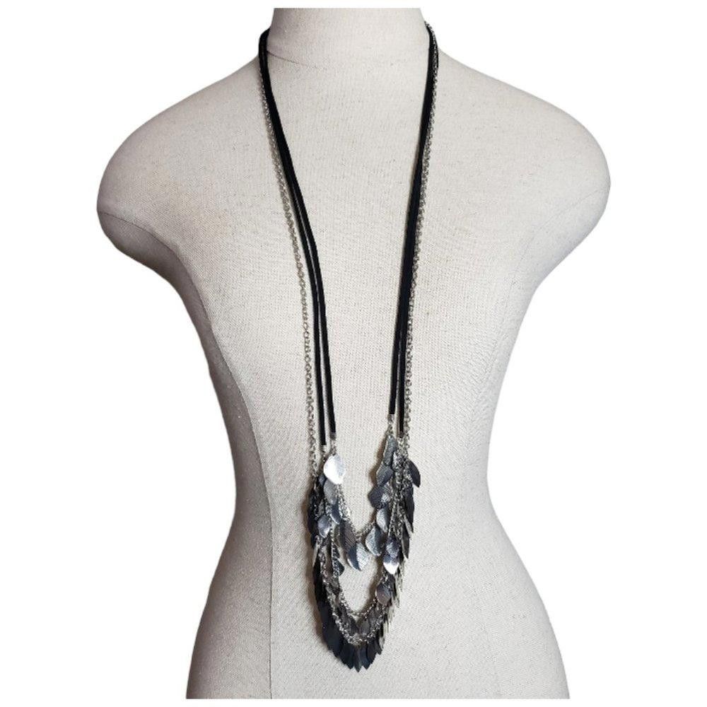 Designer Leather & Chain Multi Strand Leaf Tassel Long Necklace 36" Size ONE SIZE - 1 Thumbnail