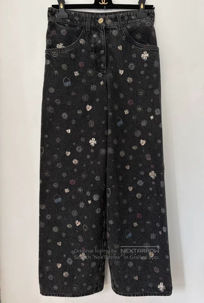 Chanel Chanel Black cartoon printed denim wide-leg trousers Size 24" / US 00 / IT 34 - 1 Thumbnail