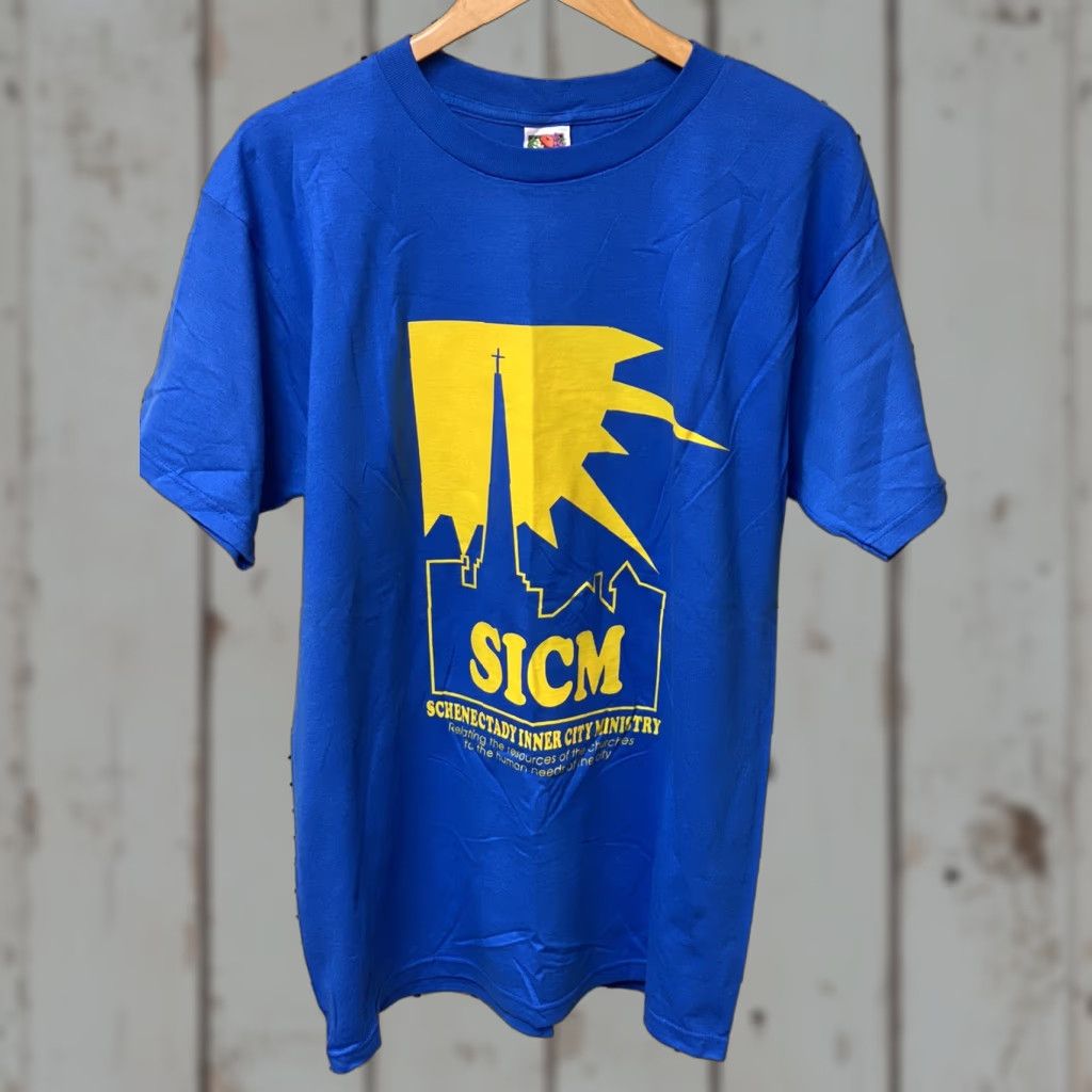 Fruit Of The Loom VINTAGE Mens New NOS Schenectady inner city Ministry T-shirt Large L Blue Church Size US L / EU 52-54 / 3 - 1 Thumbnail