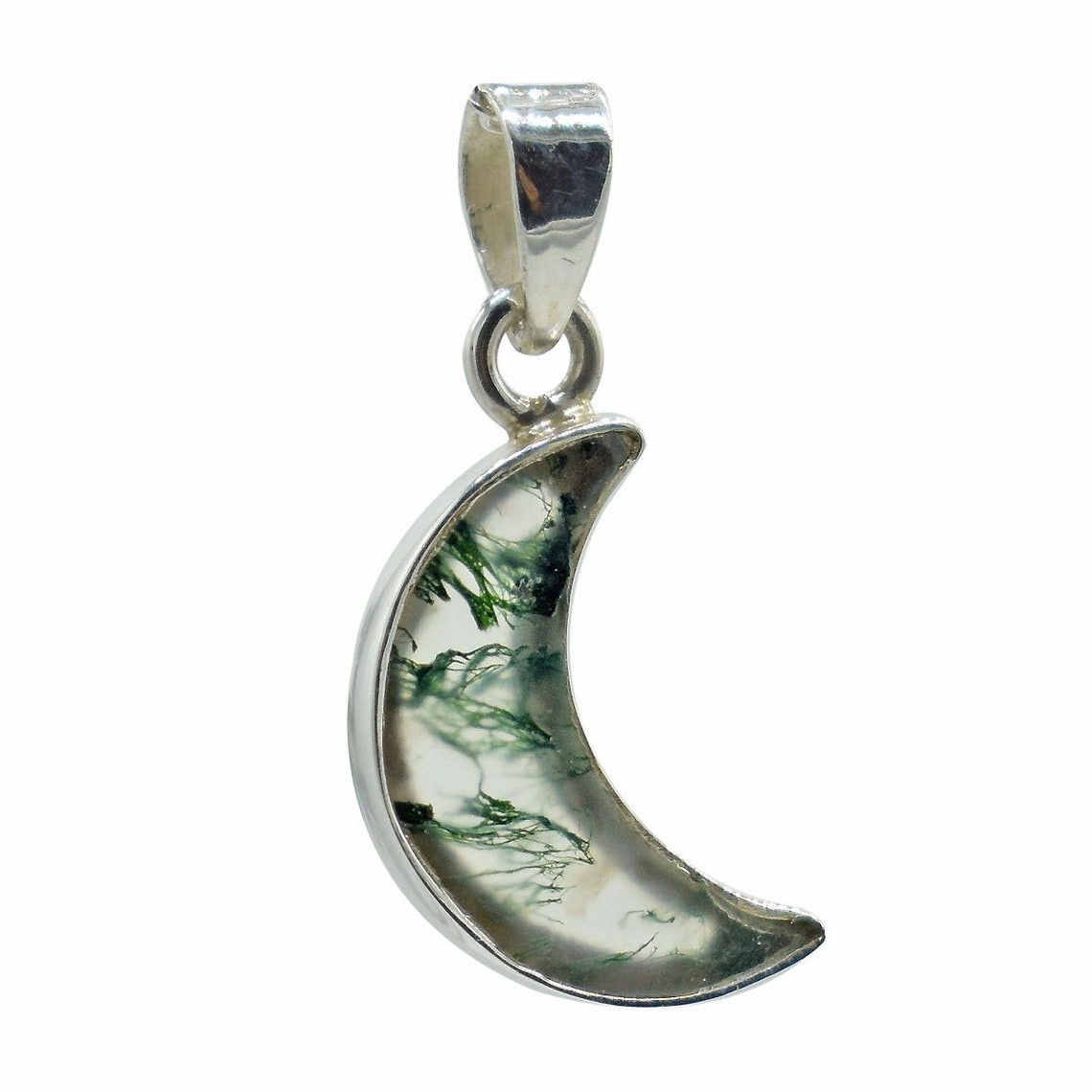 Handmade Moss Agate Moon Pendant: 925 Sterling Silver Necklace Size ONE SIZE - 1 Thumbnail