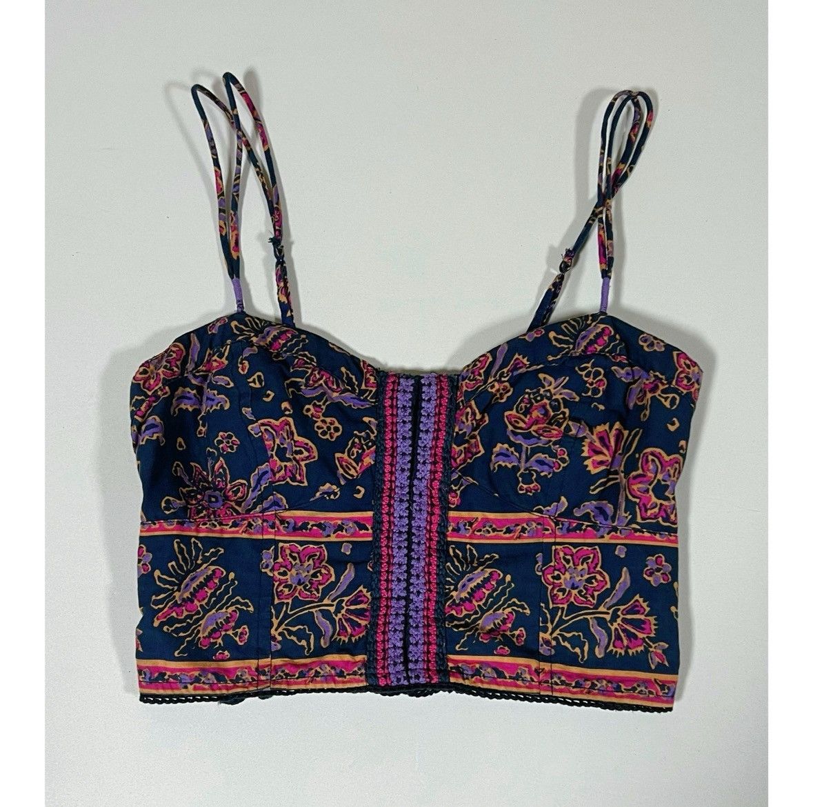 American Eagle Outfitters Navy Blue Floral Boho Bohemian Crop Top Shirt Blouse XS 🌺✨ Size XS / US 0-2 / IT 36-38 - 1 Thumbnail