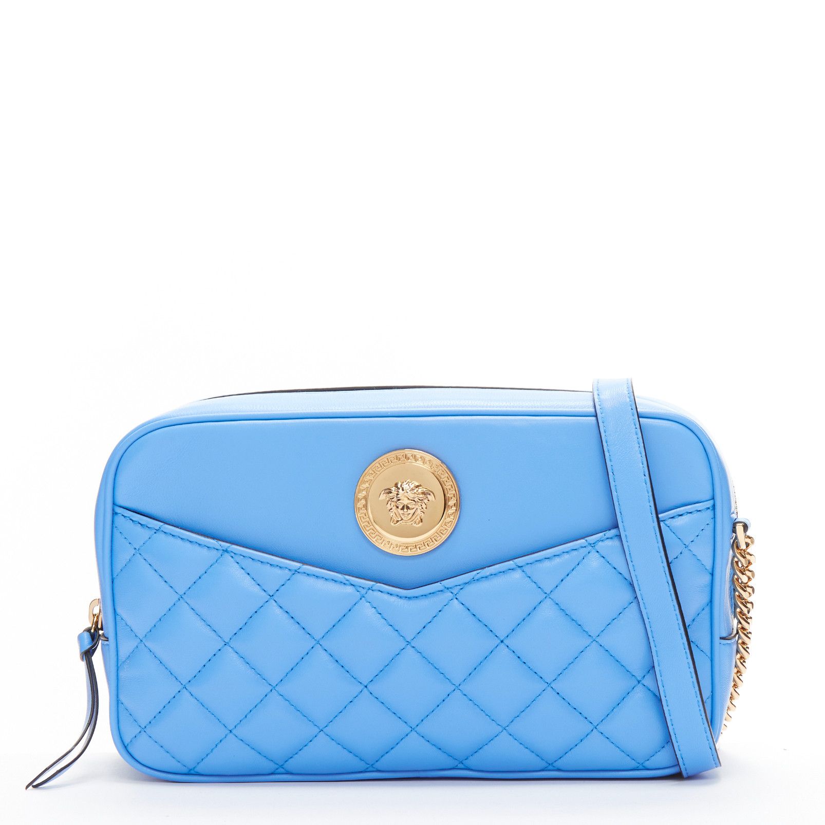 Versace Blue Lambskin Leather Quilted Gold Medusa Chain Crossbody Bag Medium, Women's