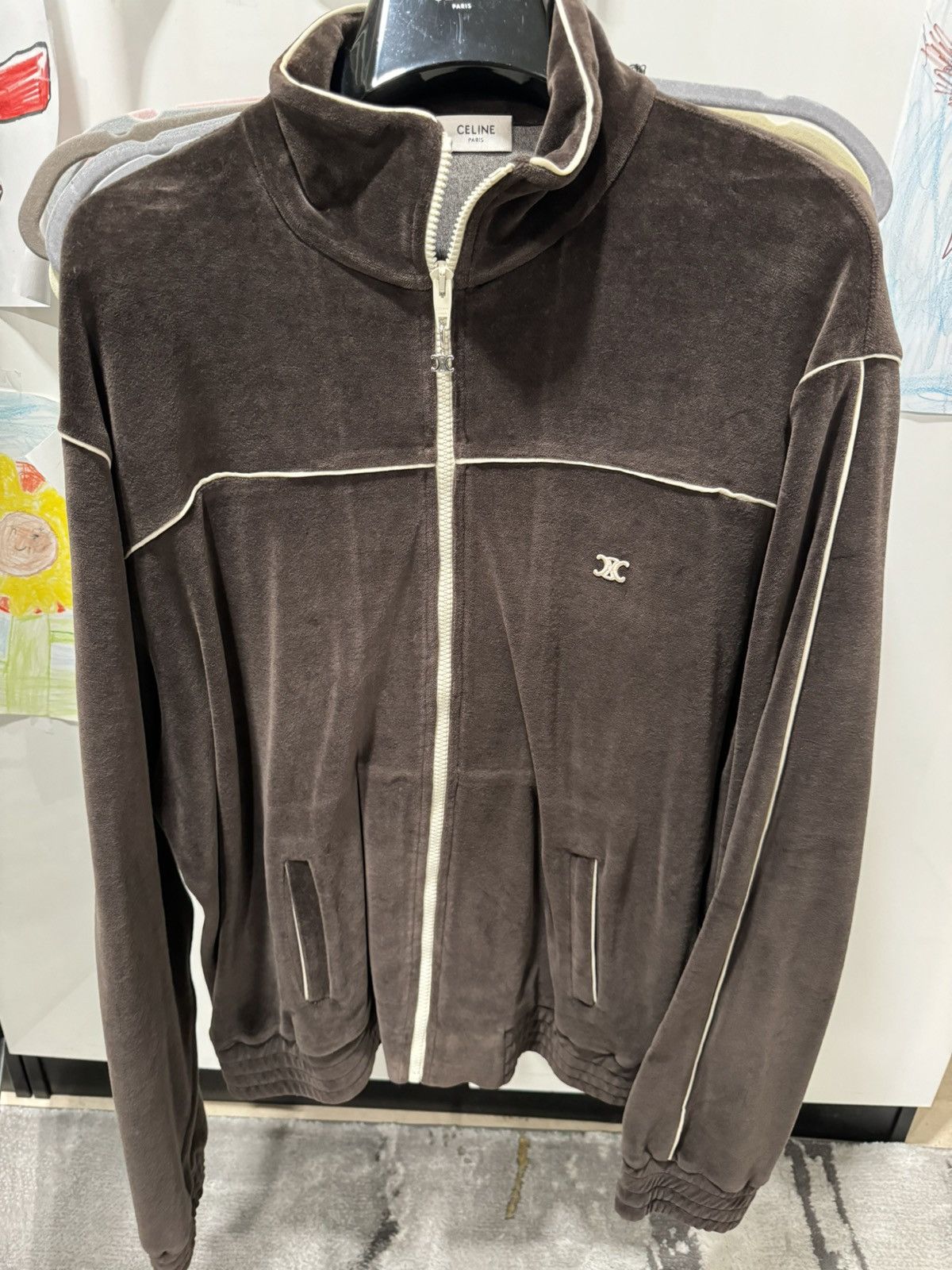 image of Celine Brown Velour Track Jacket, Men's (Size 2XL)