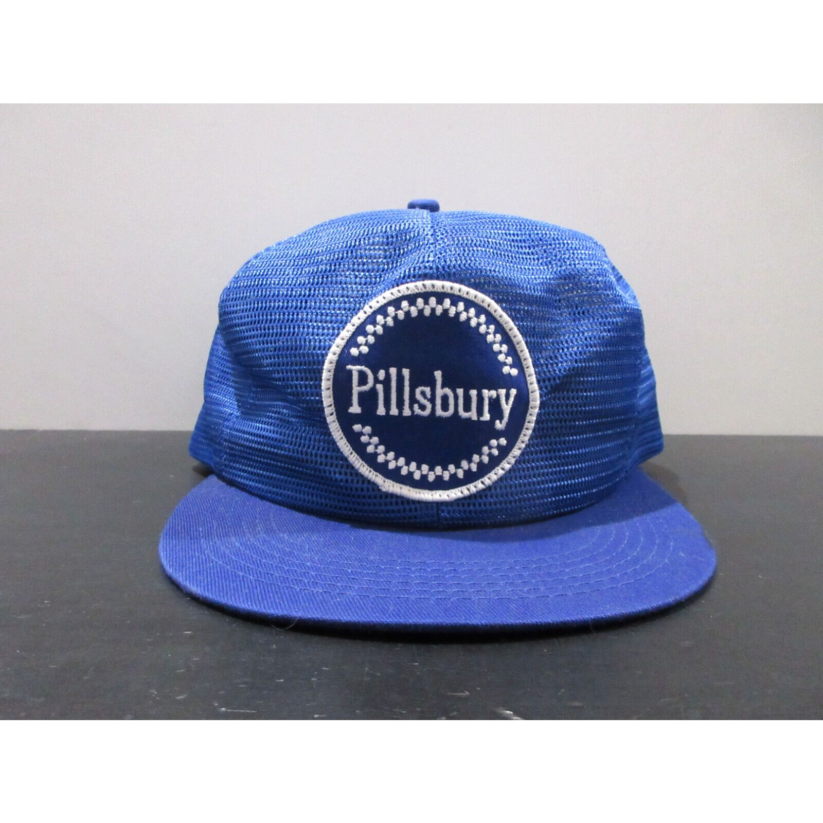 image of Vintage Pillsbury Hat Cap Snap Back Blue Trucker K Products Mesh Patch Mens in White