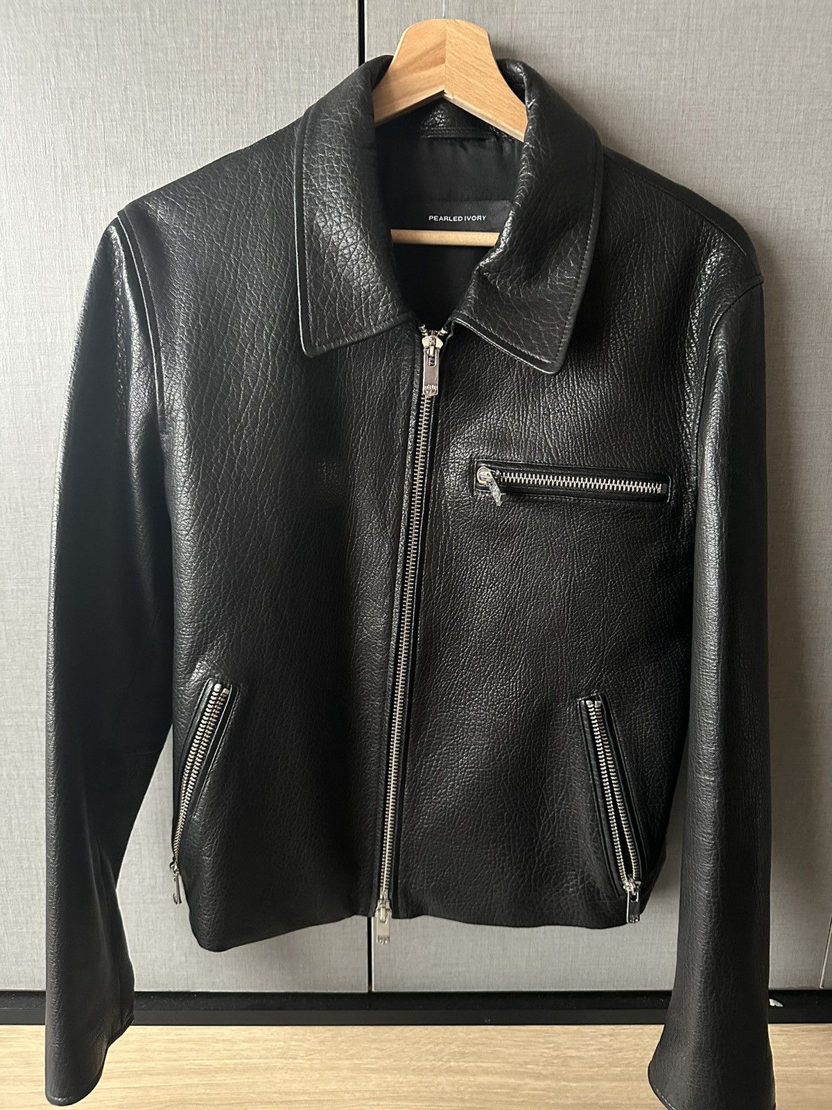 image of Vintage Pearled Ivory Grained Leather Blouson Jacket in Black, Men's (Size Small)