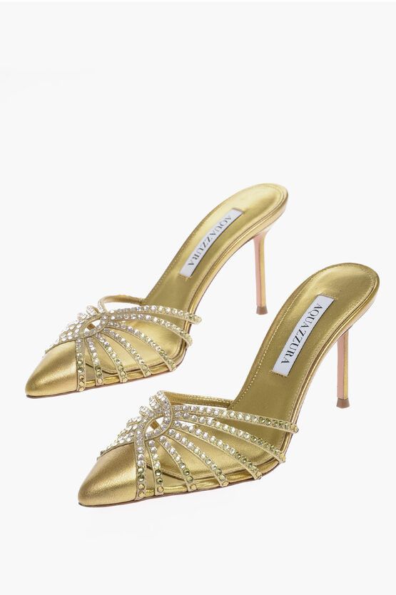 image of Aquazzura Metallic Leather Flow Mule Shoess With Rhinestone Embellishment Shoes in Gold, Women's (S