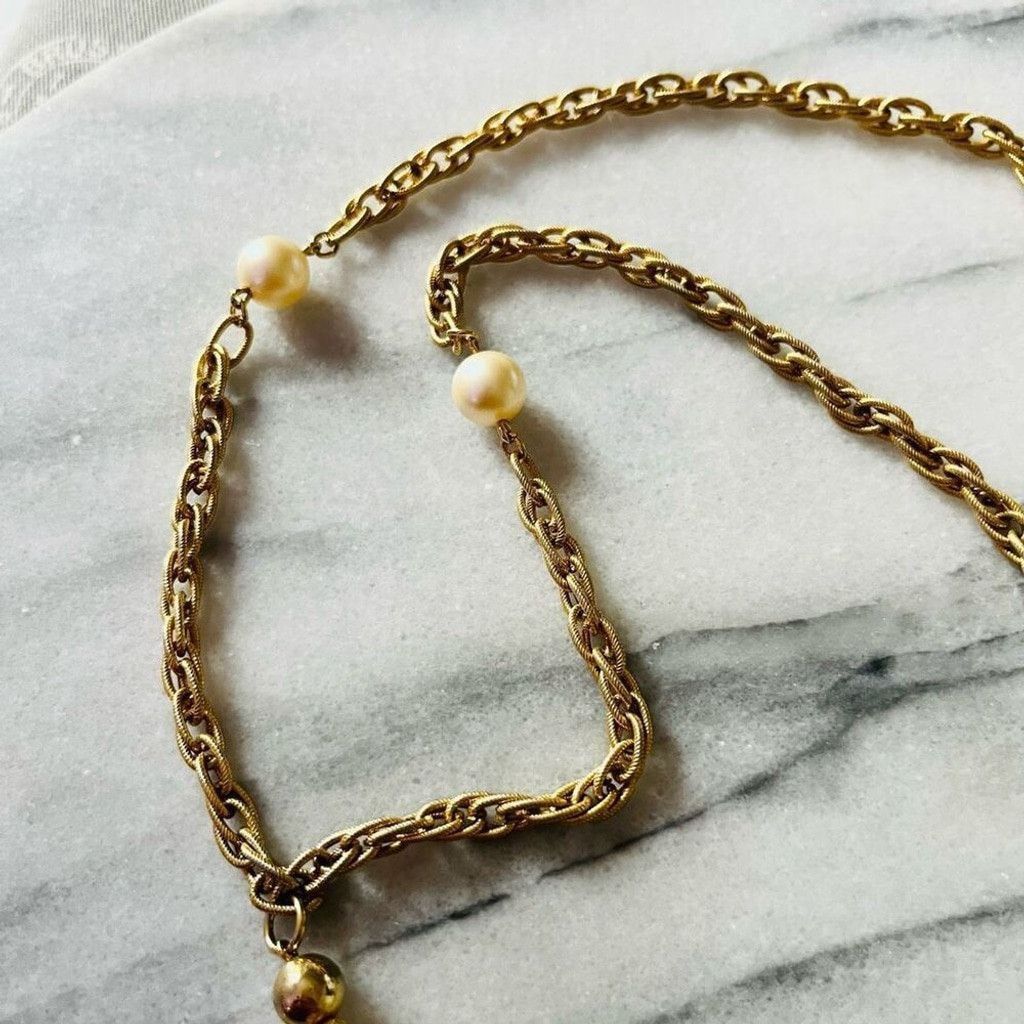 Vintage Vintage Tassel Chain Necklace Faux Pearl Beads Gold Size ONE SIZE - 4 Thumbnail
