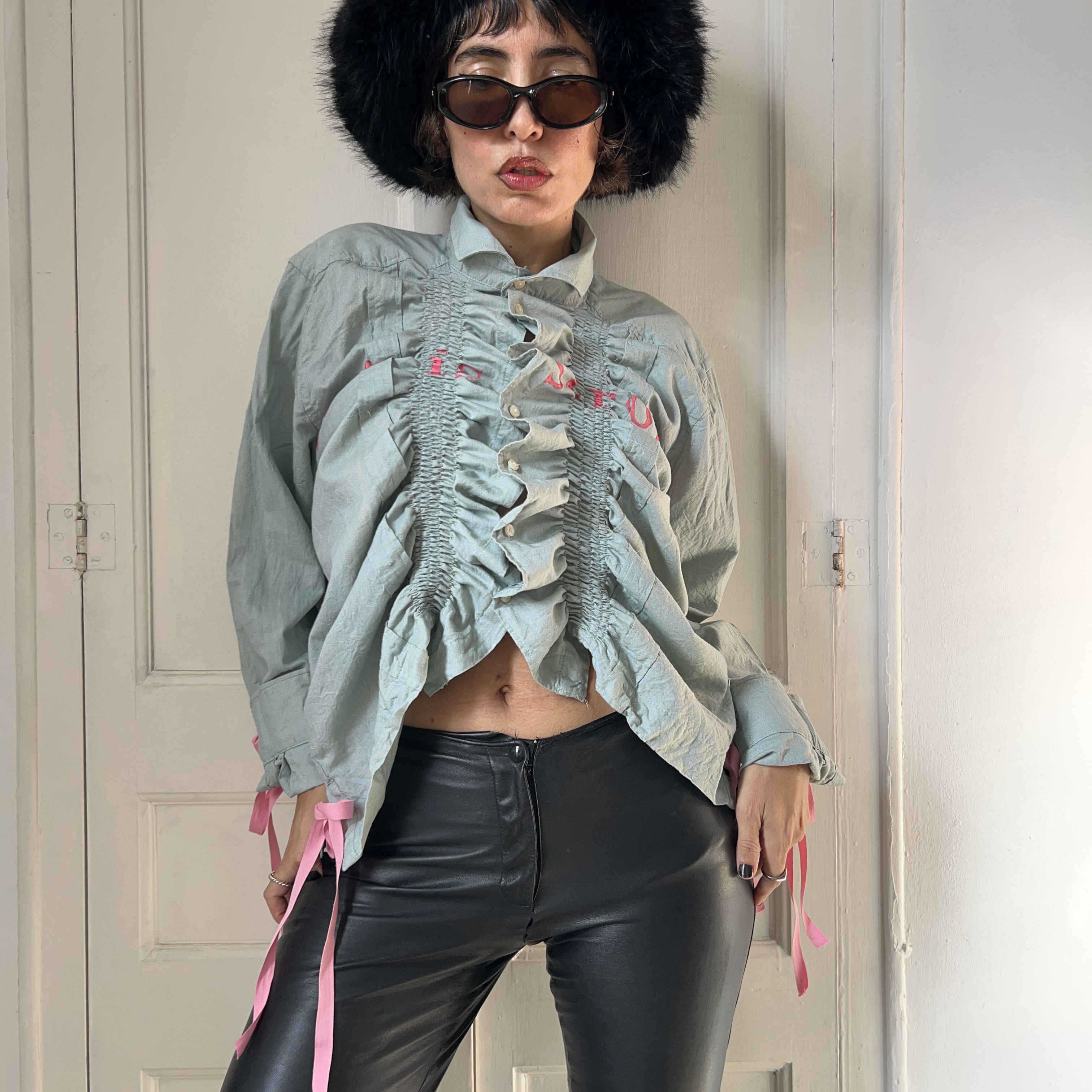 Custommade Reworked Vintage Ruffle Gren Shirt with Tied Cuffs Size XL / US 12-14 / IT 48-50 - 5 Thumbnail