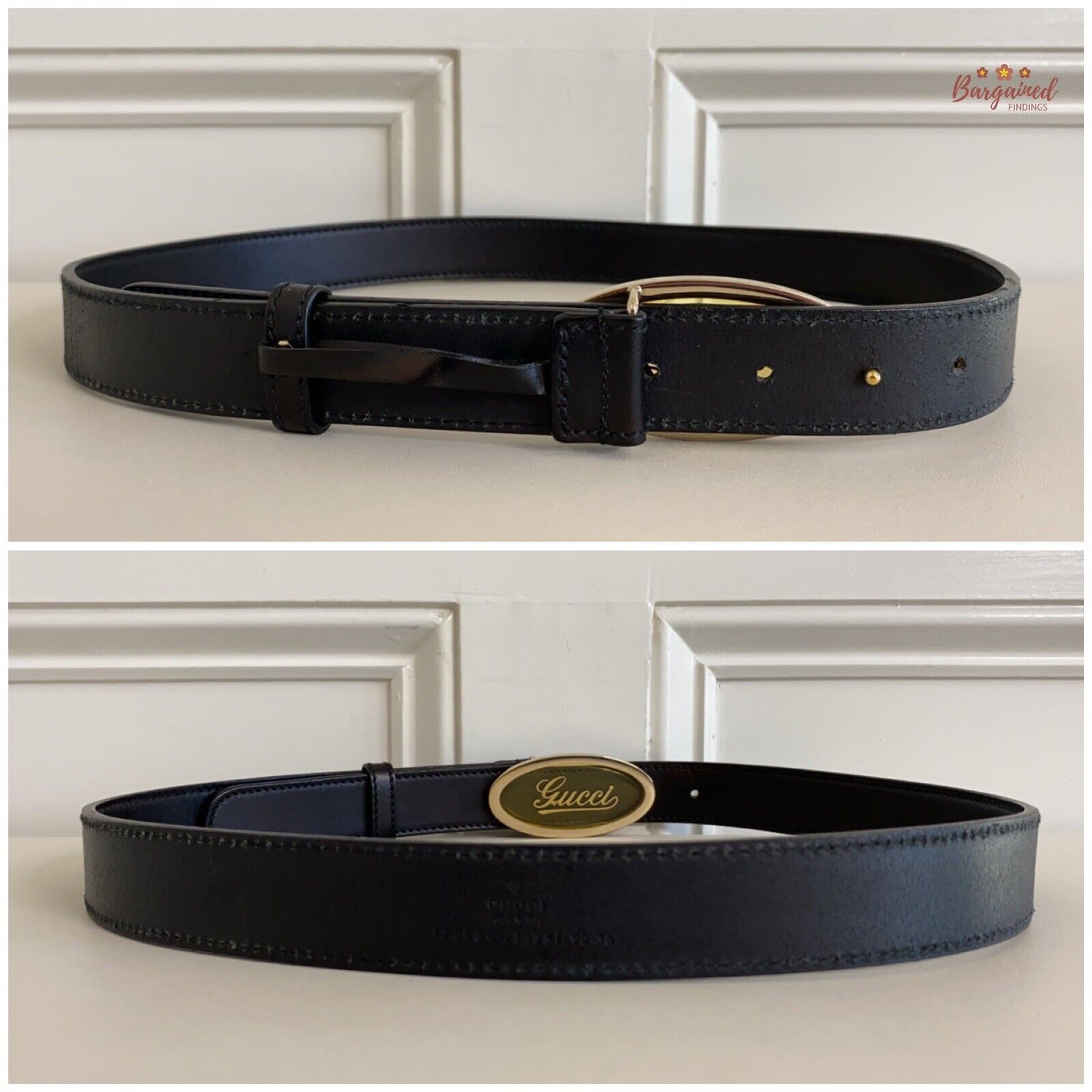 Gucci GUCCI Black Calfskin Leather Gold Script Oval Buckle Belt Size 32 - 5 Thumbnail