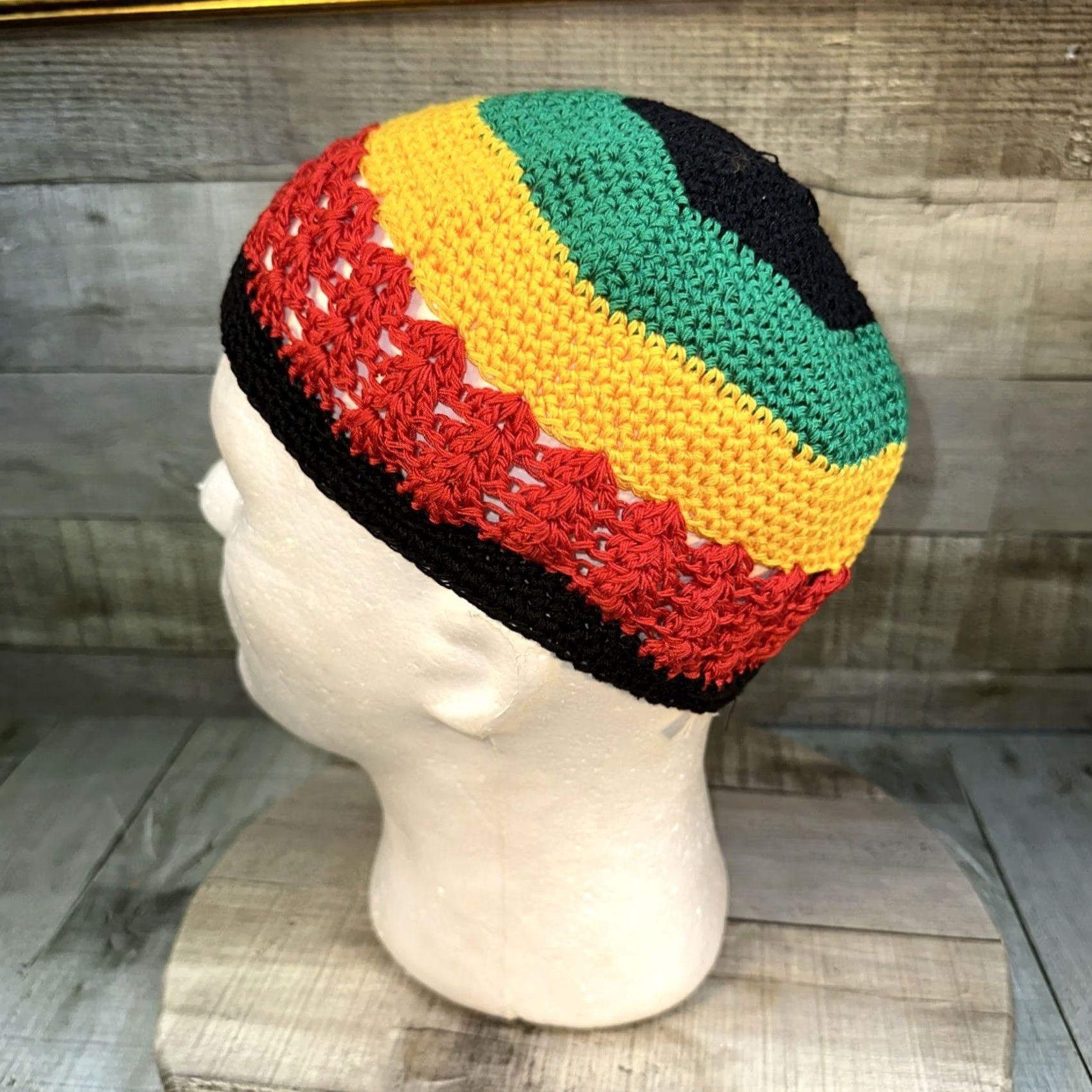 Vintage VINTAGE Handmade Rasta Crochet Beanie Hat Black Green Red Yellow Jamaica Reggae Cap Beanie Men One Size Size ONE SIZE - 5 Thumbnail
