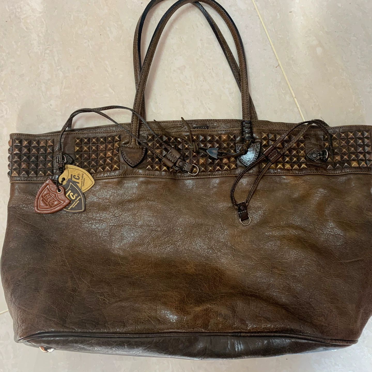 Japanese Brand Brown Leather Tote Bag with Studs Size ONE SIZE - 1 Thumbnail