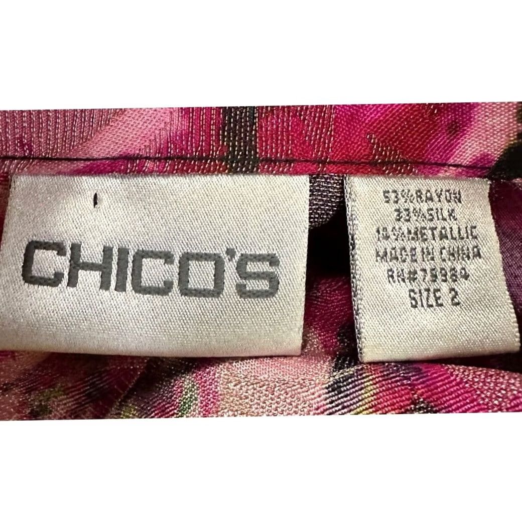 Vintage Chico's Trucker Jacket Womens 2 Black Floral Silk Metallic Open Front Coat Ladies Size XS / US 0-2 / IT 36-38 - 4 Thumbnail