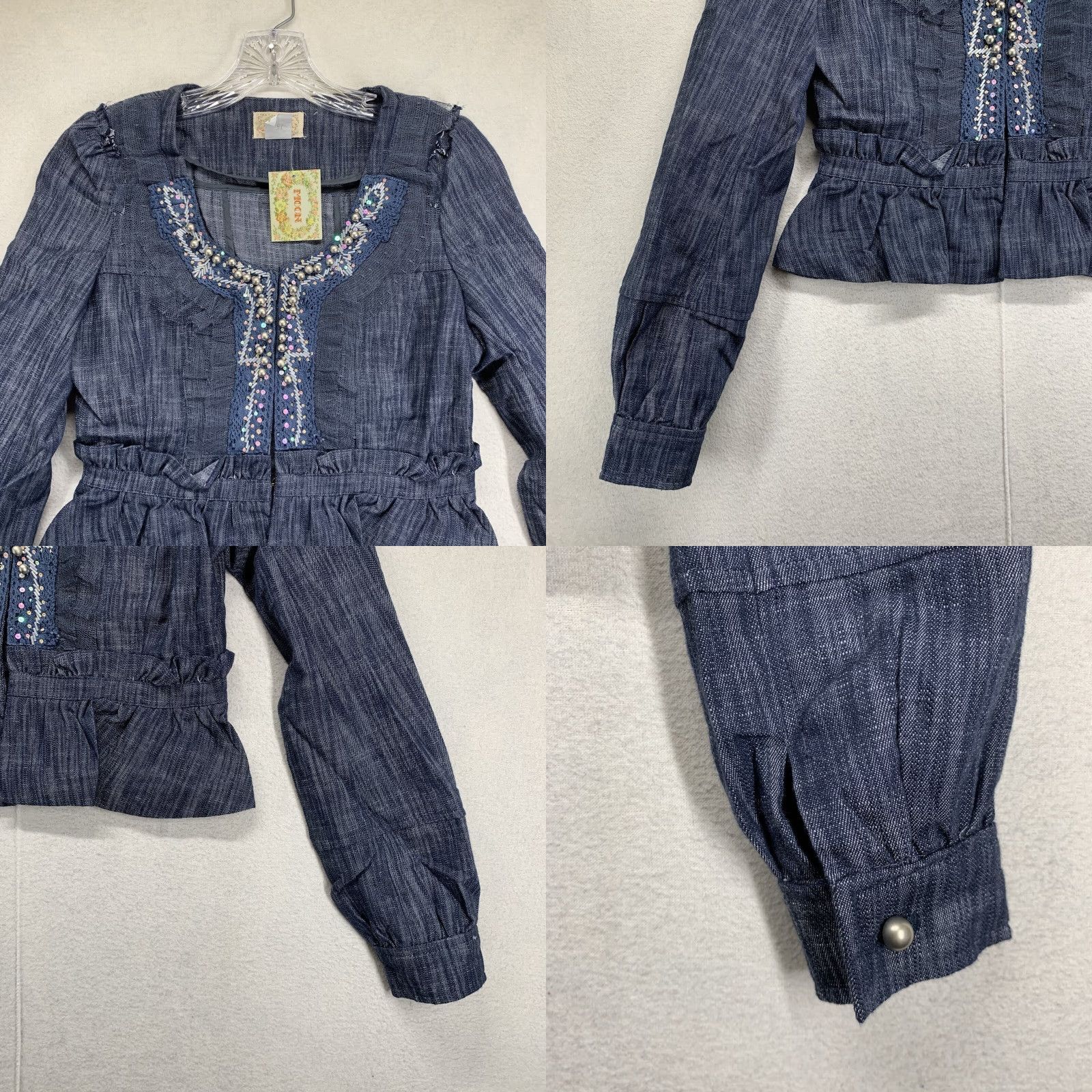 Denime Women's Denim Top Small Crop Super Detailed Beaded Neckline Dark Indigo Stretch Size S / US 4 / IT 40 - 8 Thumbnail