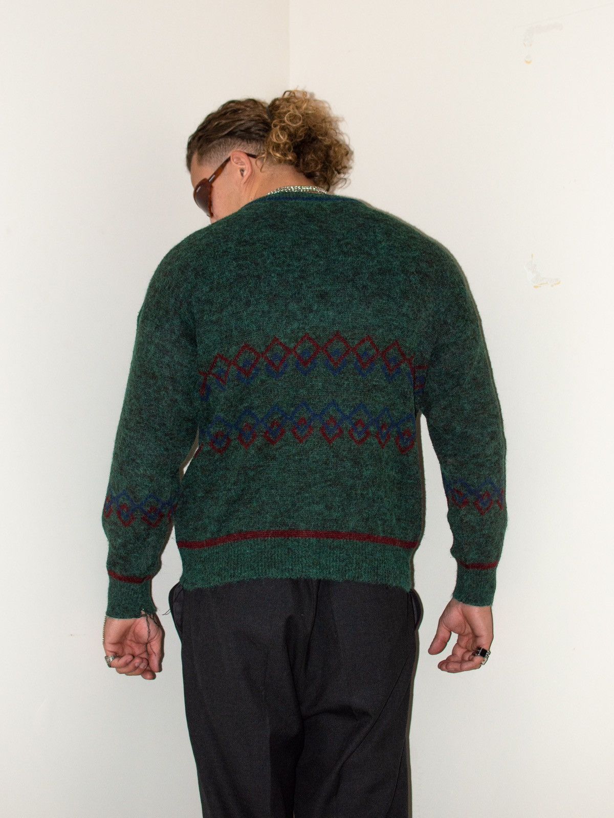 Designer × Vintage 90s Vintage dark Green wool blend Geometric knit Sweater Size US L / EU 52-54 / 3 - 2 Thumbnail