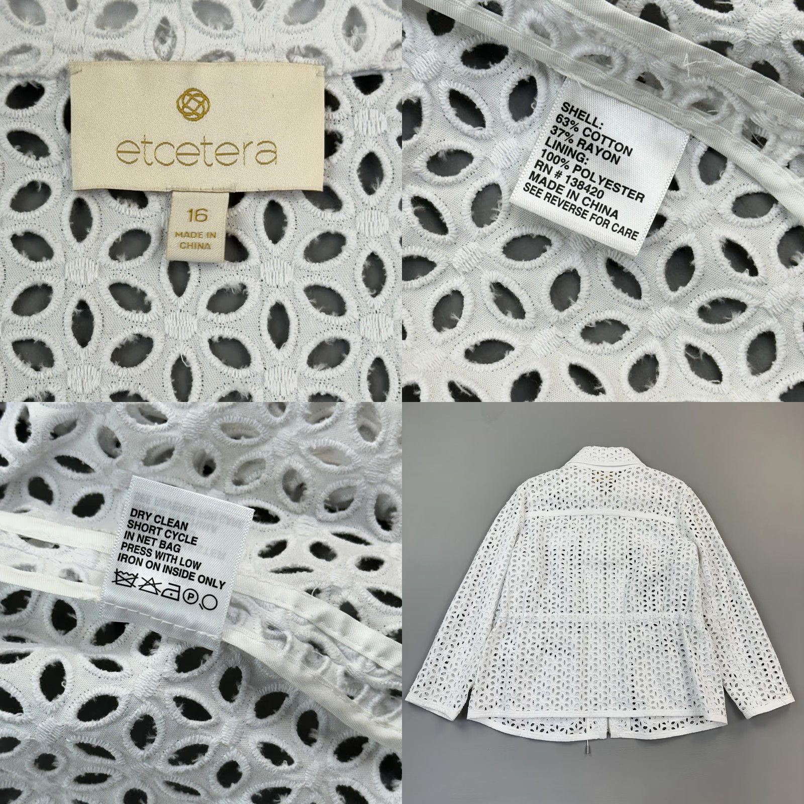 Vintage Etcetera Jacket Women's 16 White Eyelet Embroidered Full Zip Drawstring Boho Jacket DFS Size XXL / US 16-18 / IT 52-54 - 8 Thumbnail