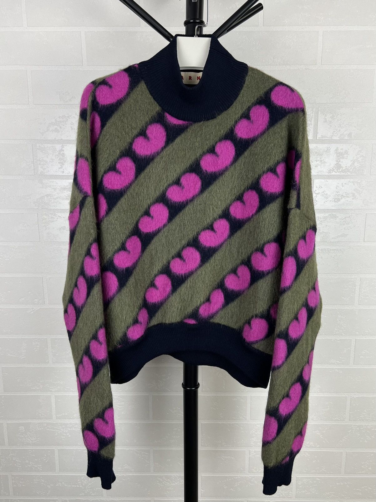 Marni MARNI Sweater Mohair Wool HEARTS Striped Pattern Logo Wmn’s Size S / US 4 / IT 40 - 1 Thumbnail