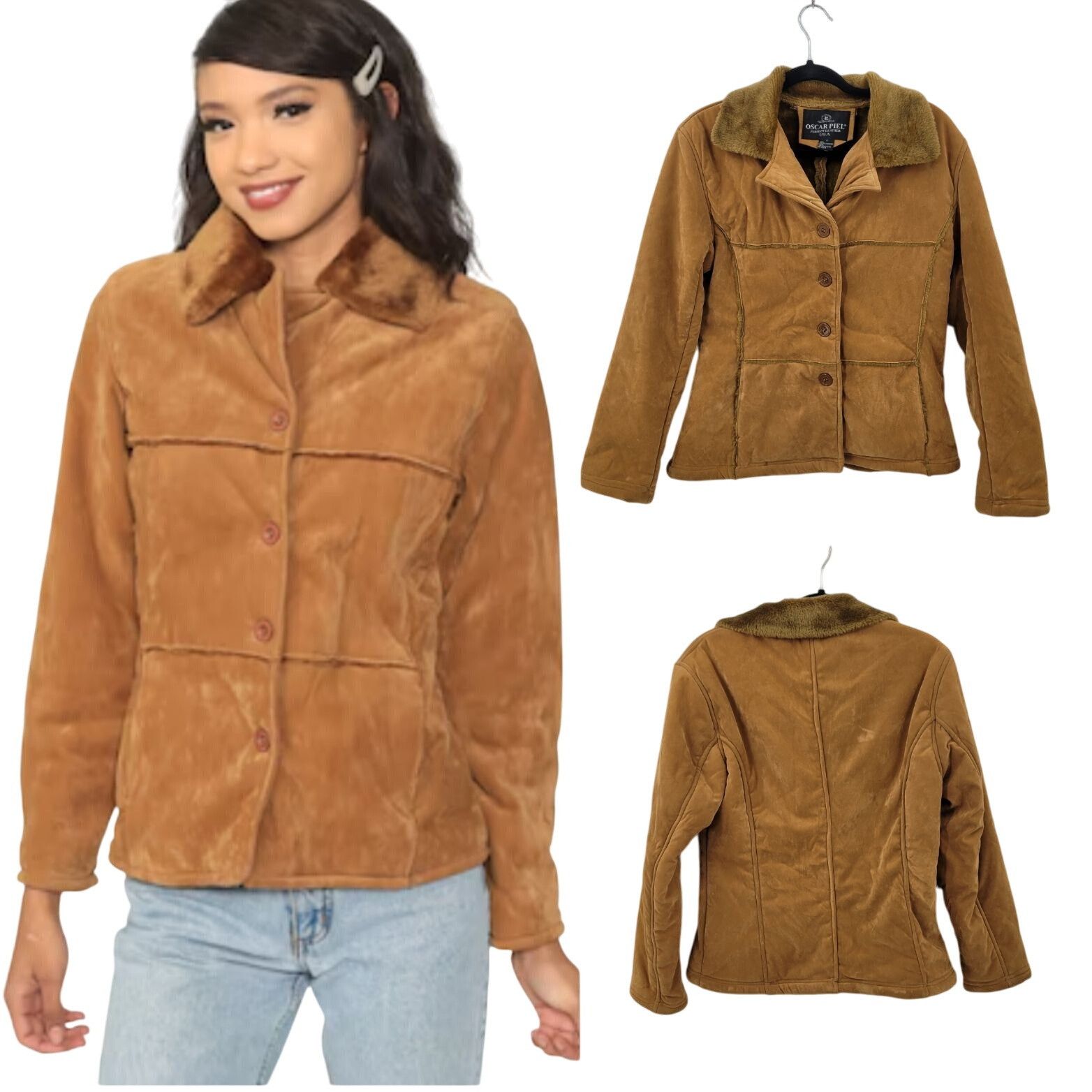 Oscar Piel Vtg Oscar Piel Faux Suede Jacket Camel Faux Fur Lining Butto Size S / US 4 / IT 40 - 1 Thumbnail