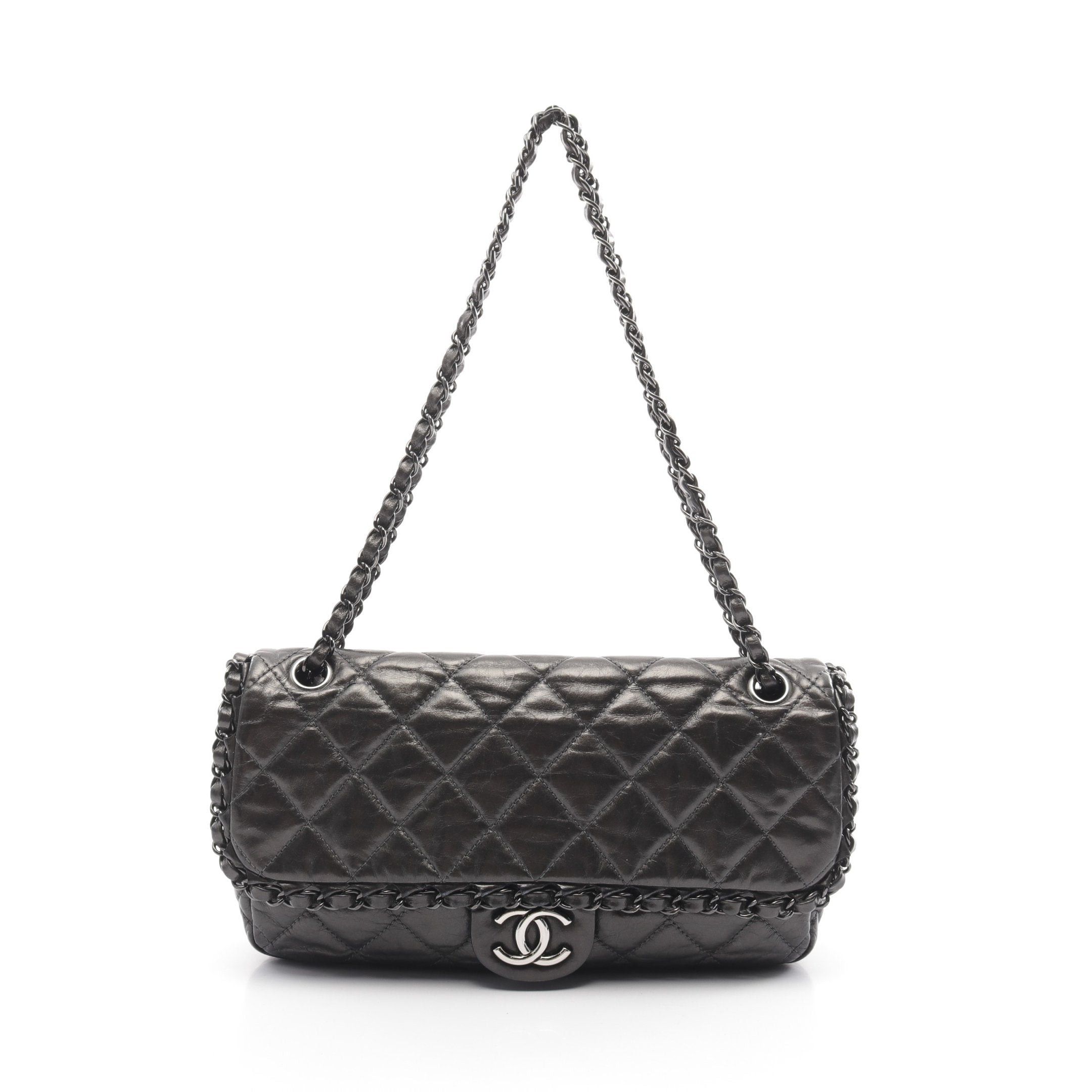 Chanel Matelasse Chain Around Double Shoulder Bag Aged Calfskin Dark Gray Combination Metal Fittings