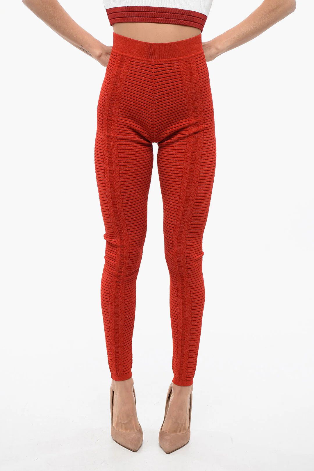 Balmain og1mm0326 High-Waist Knit Leggings in Red Size 27" / US 4 / IT 40 - 1 Thumbnail