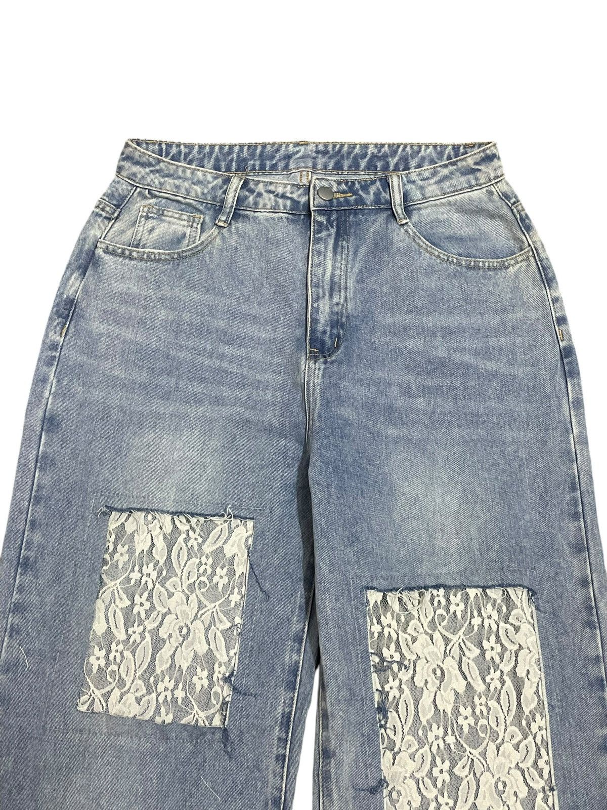 Japanese Brand Vintage Japanese Denim Lace Patchwork Baggy Wide Leg Jeans Size 31" - 2 Thumbnail