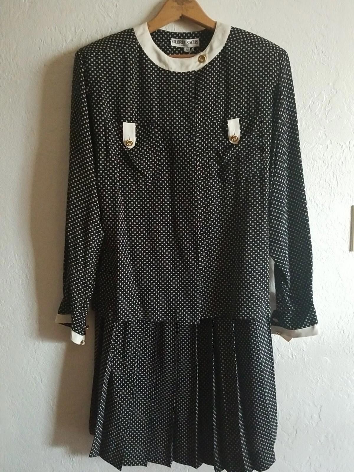 Gloria Sachs Black White Polka Dot Pleated Skirt Suit sz 10