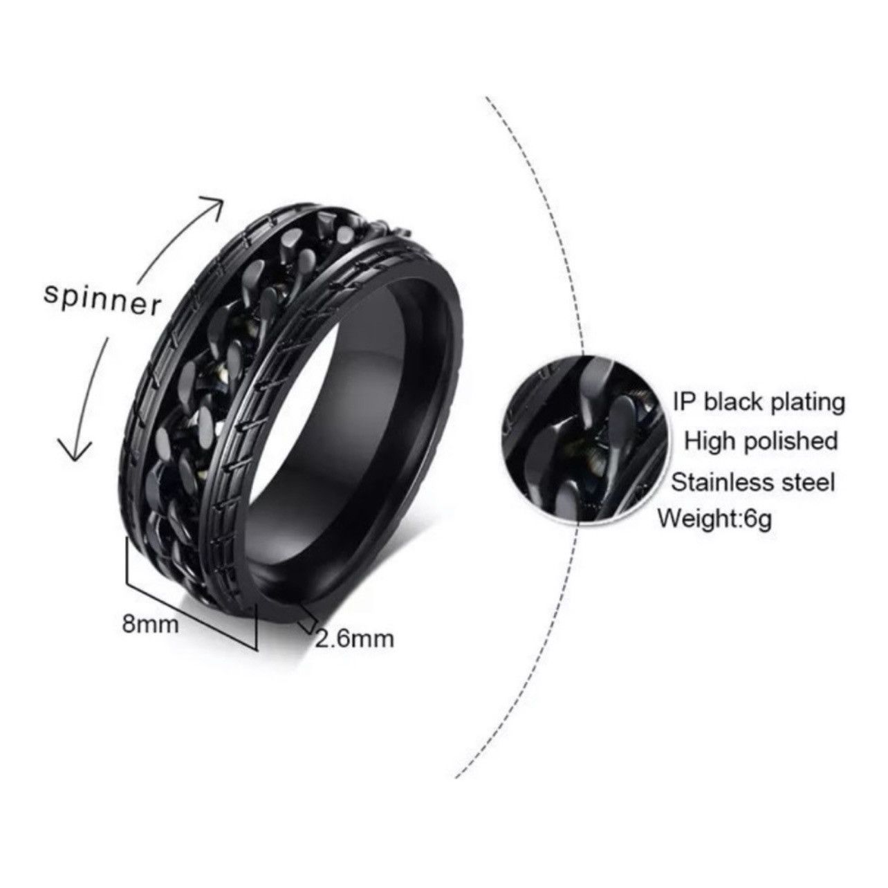 Jewelry Men's 8mm Black Spinning Chain Ring - Size 8 Size ONE SIZE - 4 Thumbnail