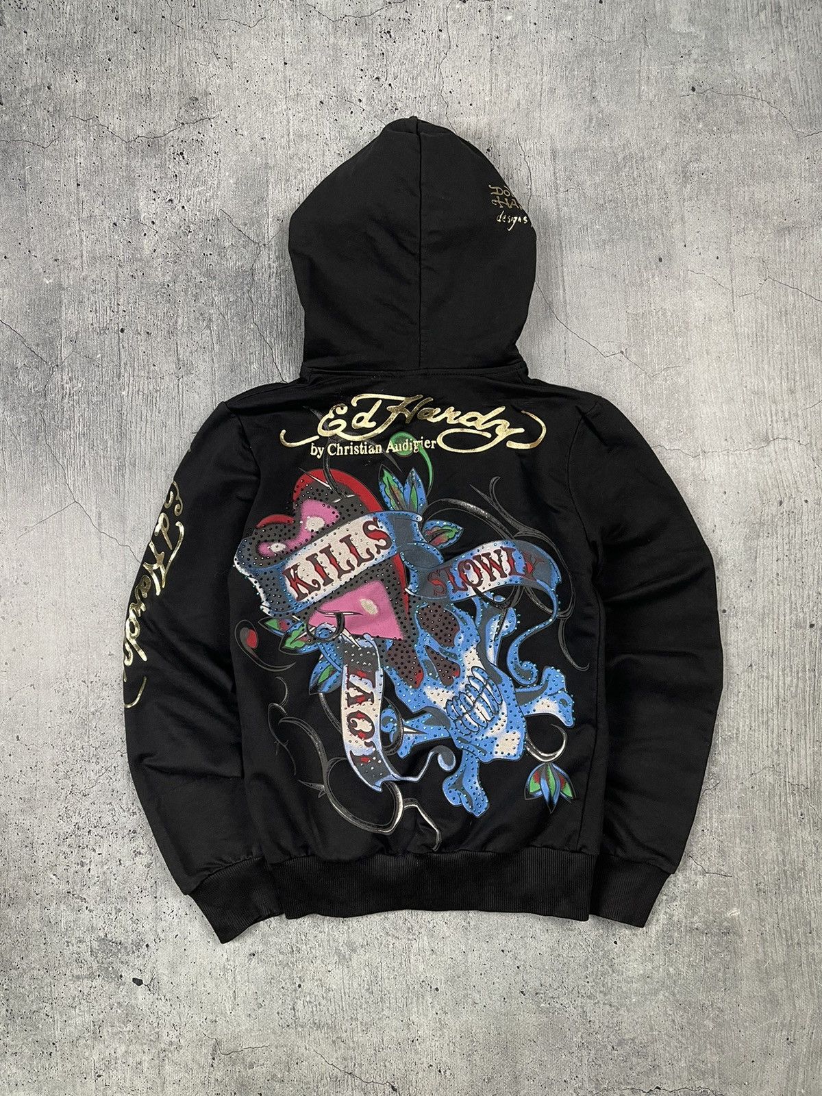 Ed Hardy × Vintage Vintage Ed Hardy Love Kills Slowly Hoodie Jacket Rare Skull Size S / US 4 / IT 40 - 1 Thumbnail