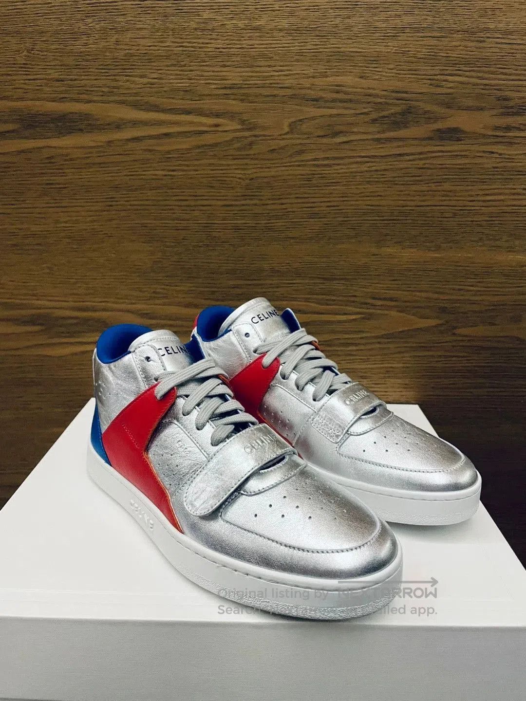 Celine Silver High-Top Sneakers with Red/Blue Accents. Size US 8 / EU 41 - 1 Thumbnail